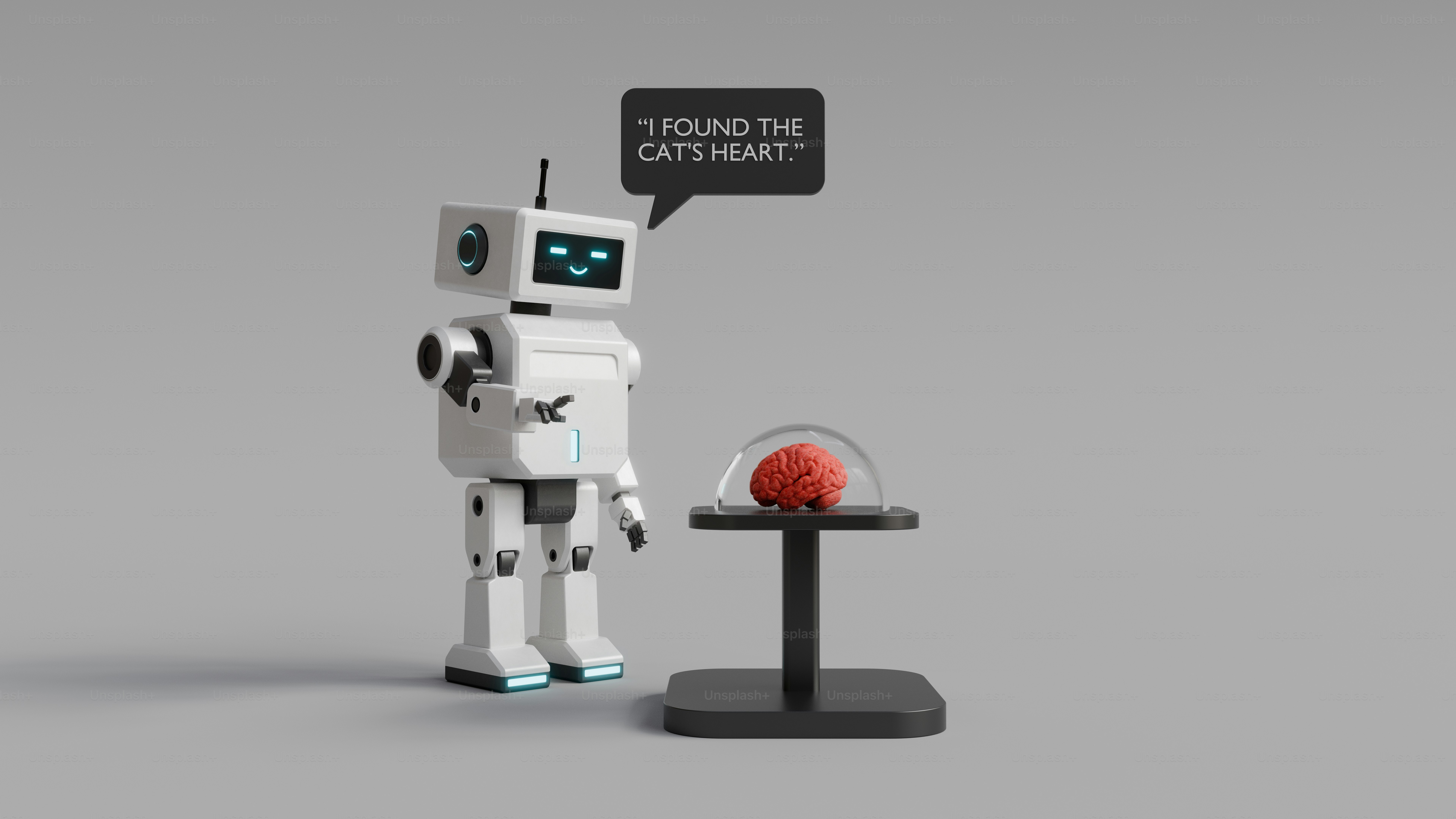 Un robot blanc à côté d’une petite table avec un cerveau rouge sous un dôme en verre