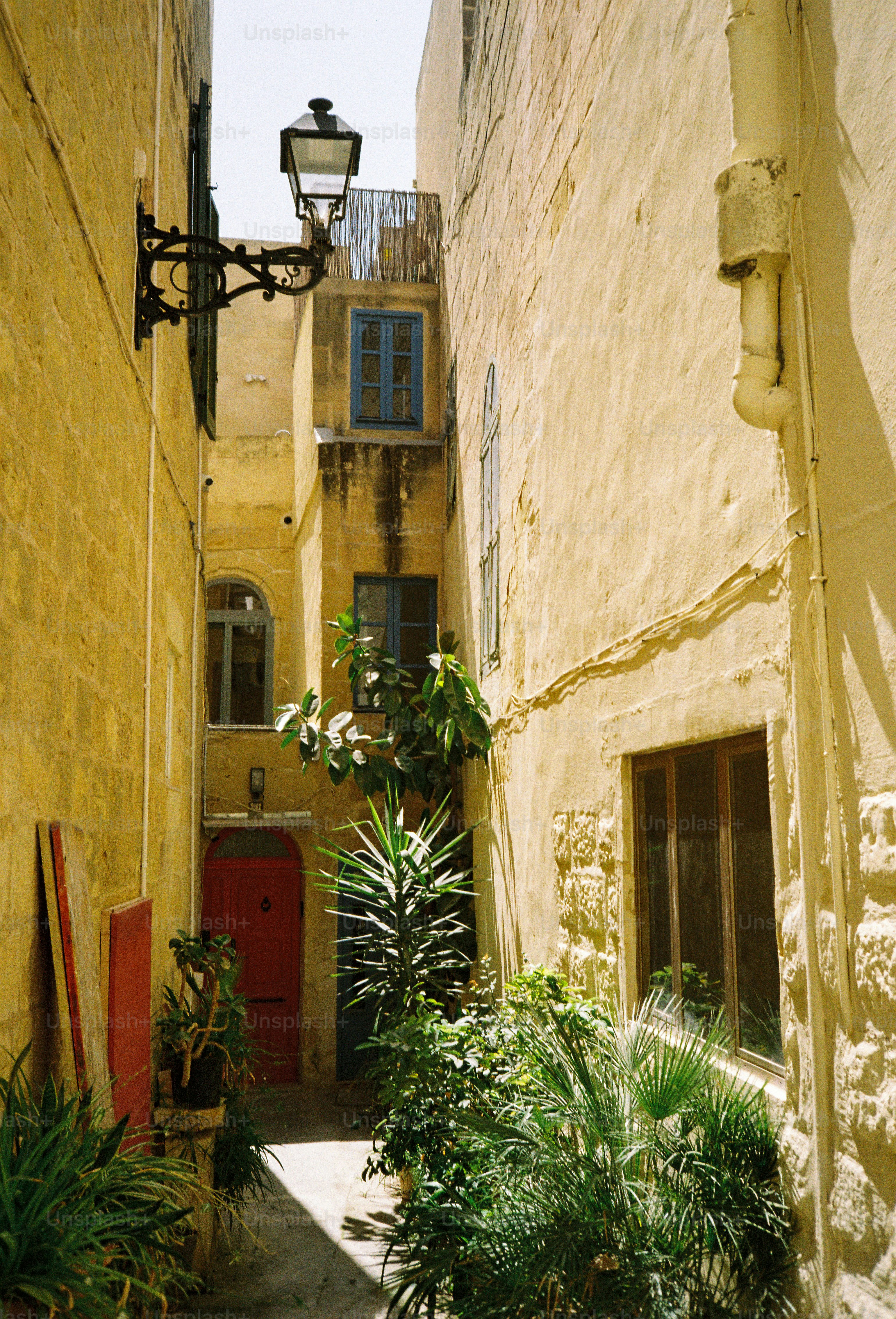 A narrow alleyway between yellow stone buildings with a red door and plants