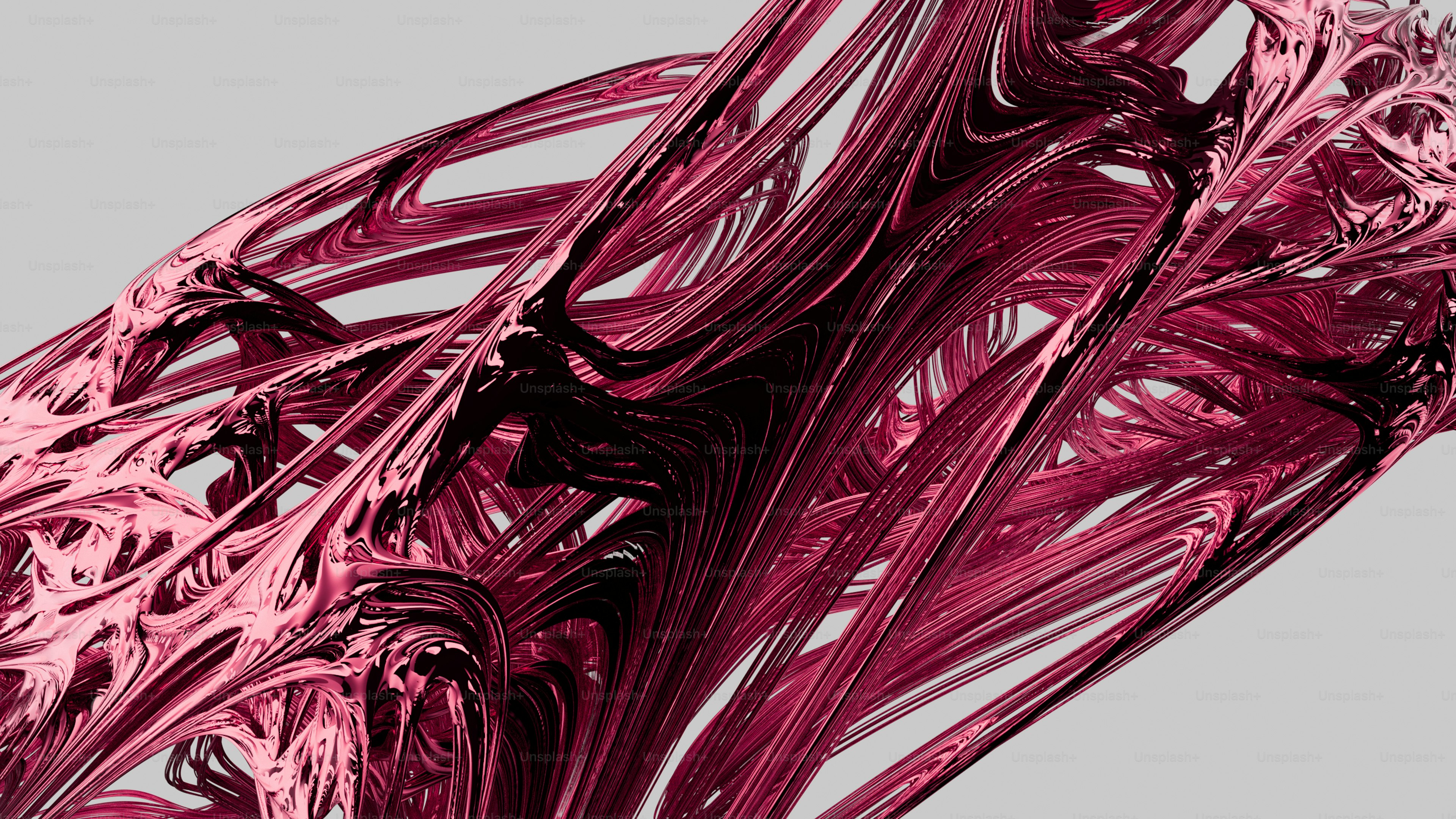 Abstract flowing ribbons of dark pink and black against a light grey background