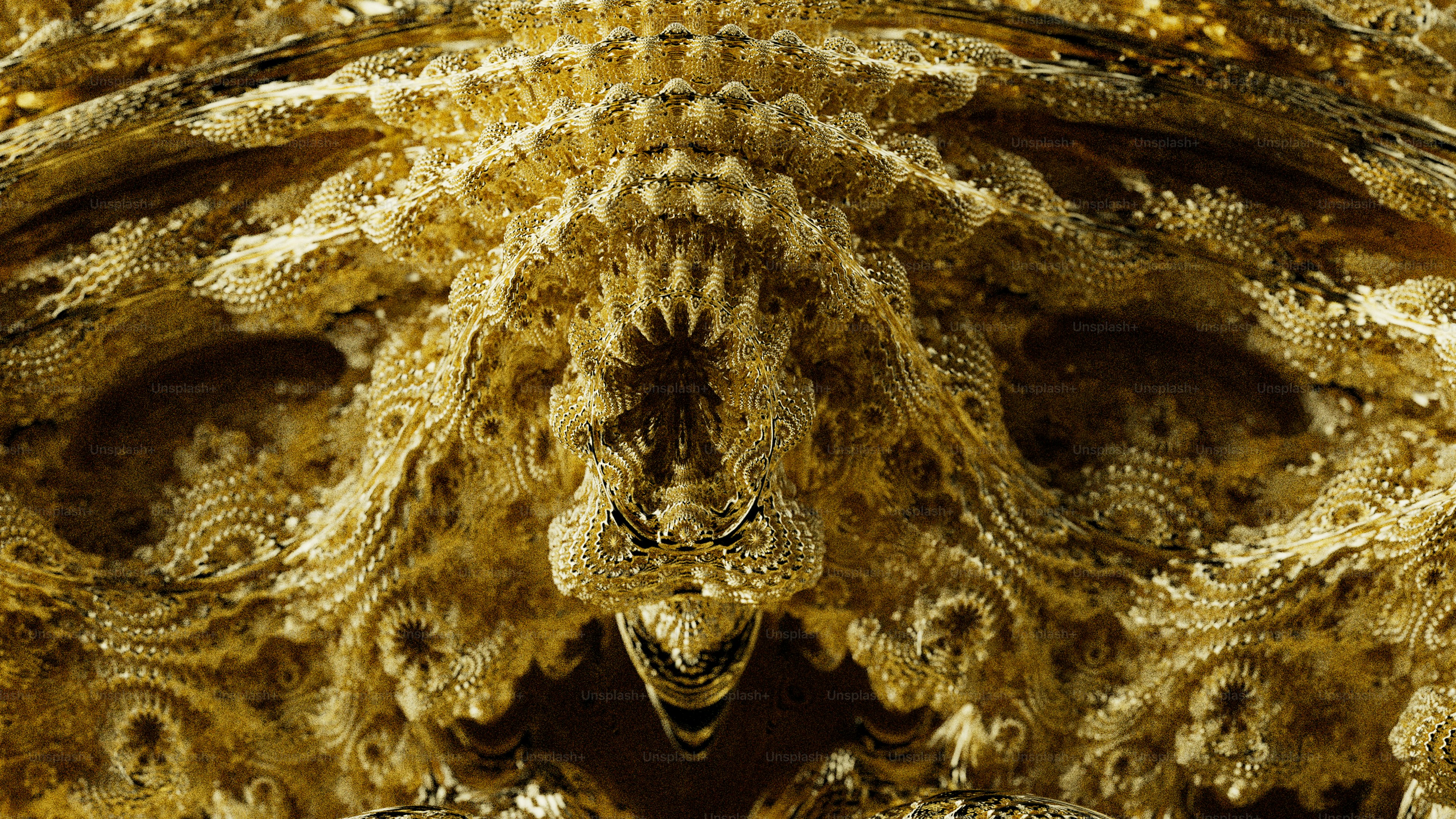 A complex golden fractal pattern with intricate repeating organic shapes and textures