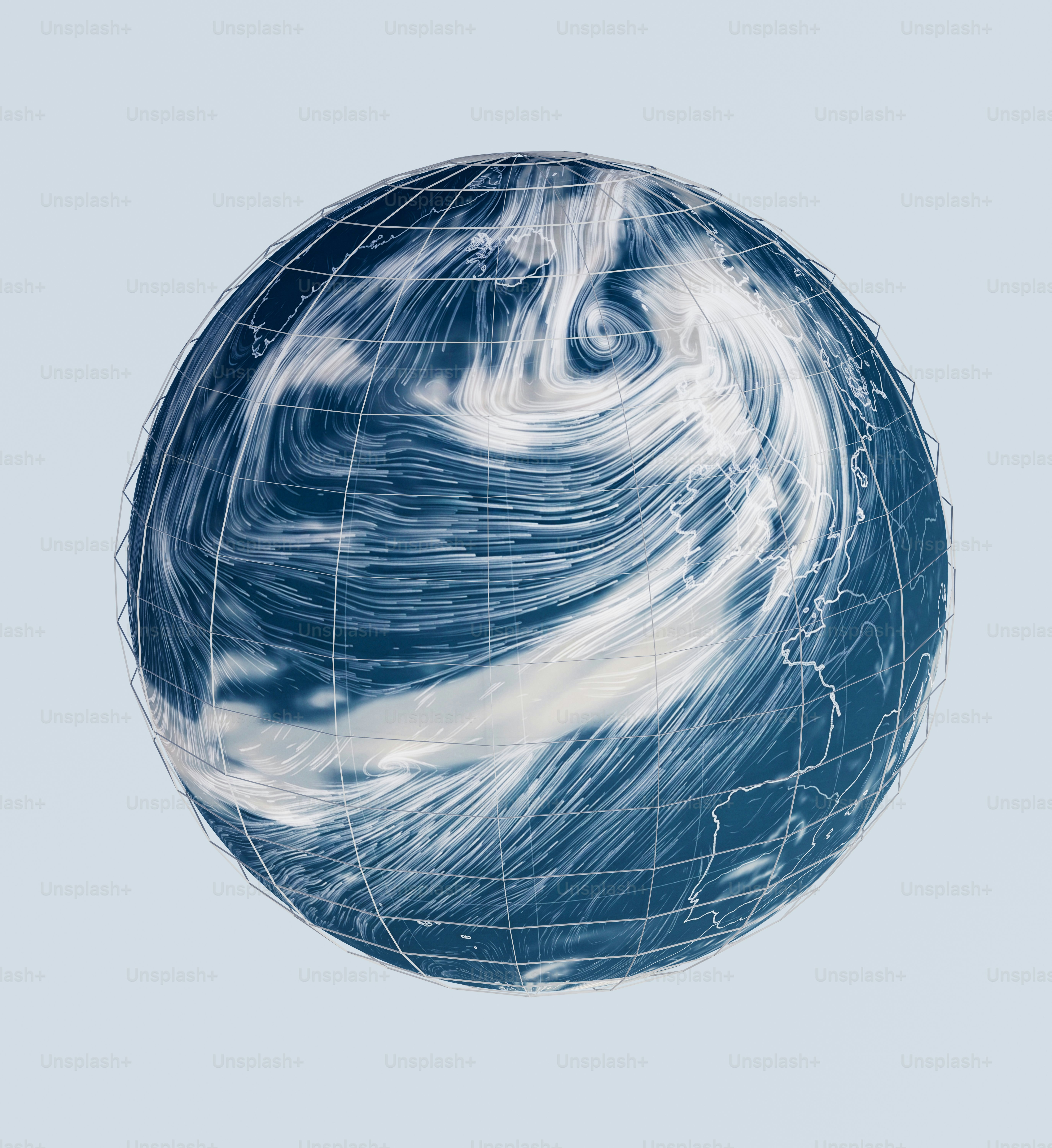 Ein Globus, der weiße Windströme zeigt, die über blaue Kontinente und Ozeane wirbeln