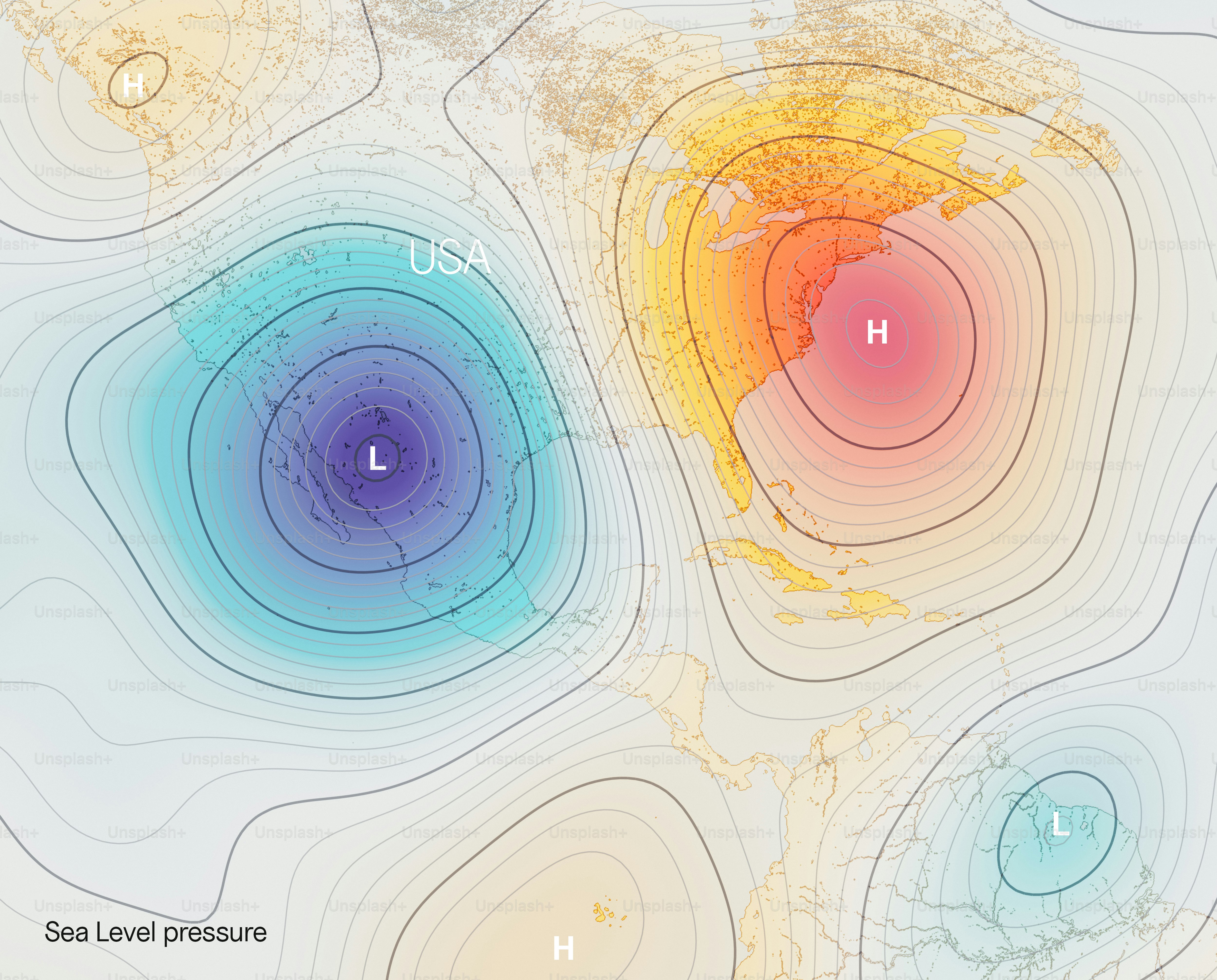 A weather map showing sea level pressure with high and low pressure systems