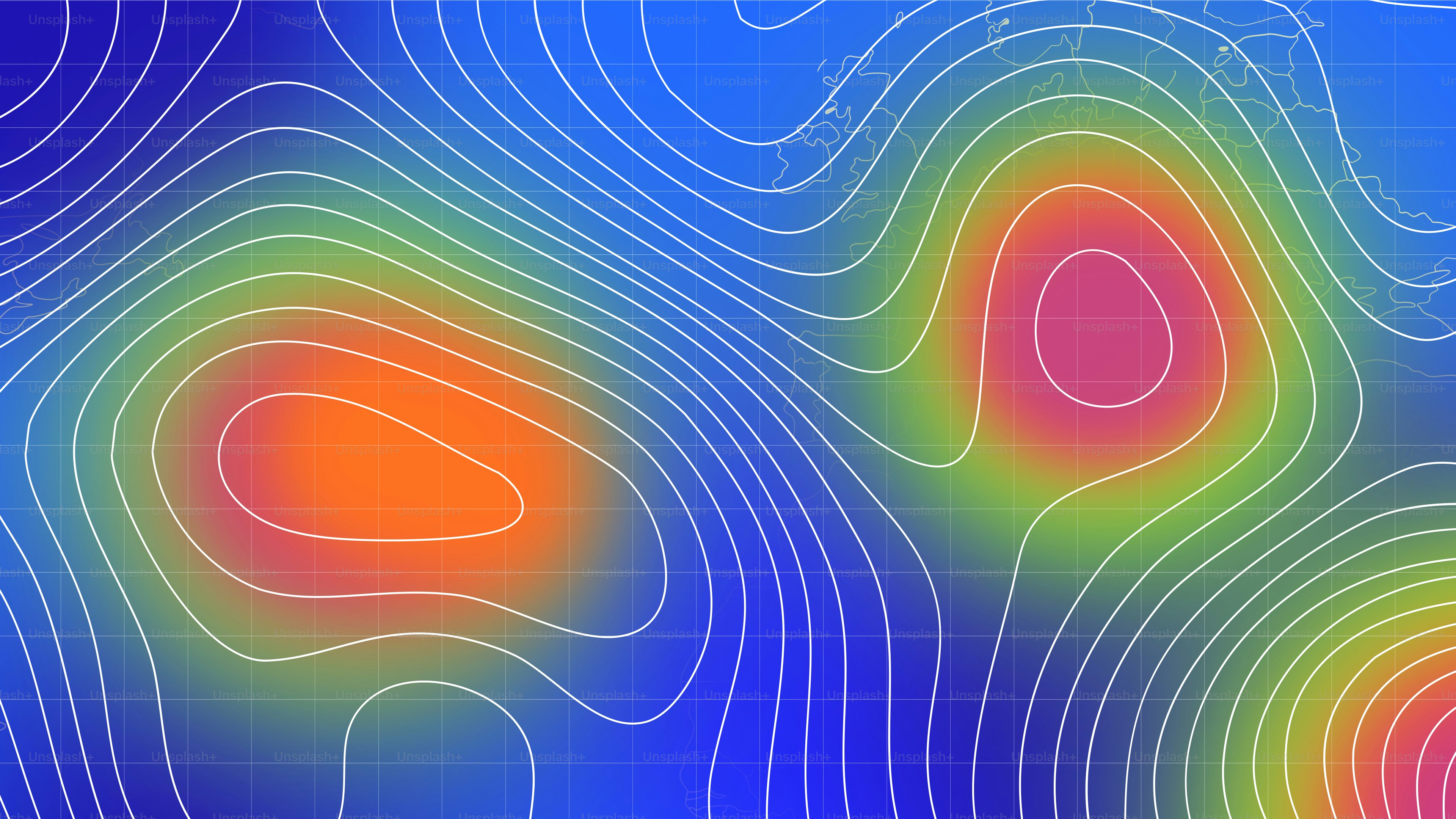 A colorful weather map with white contour lines over a blue grid background