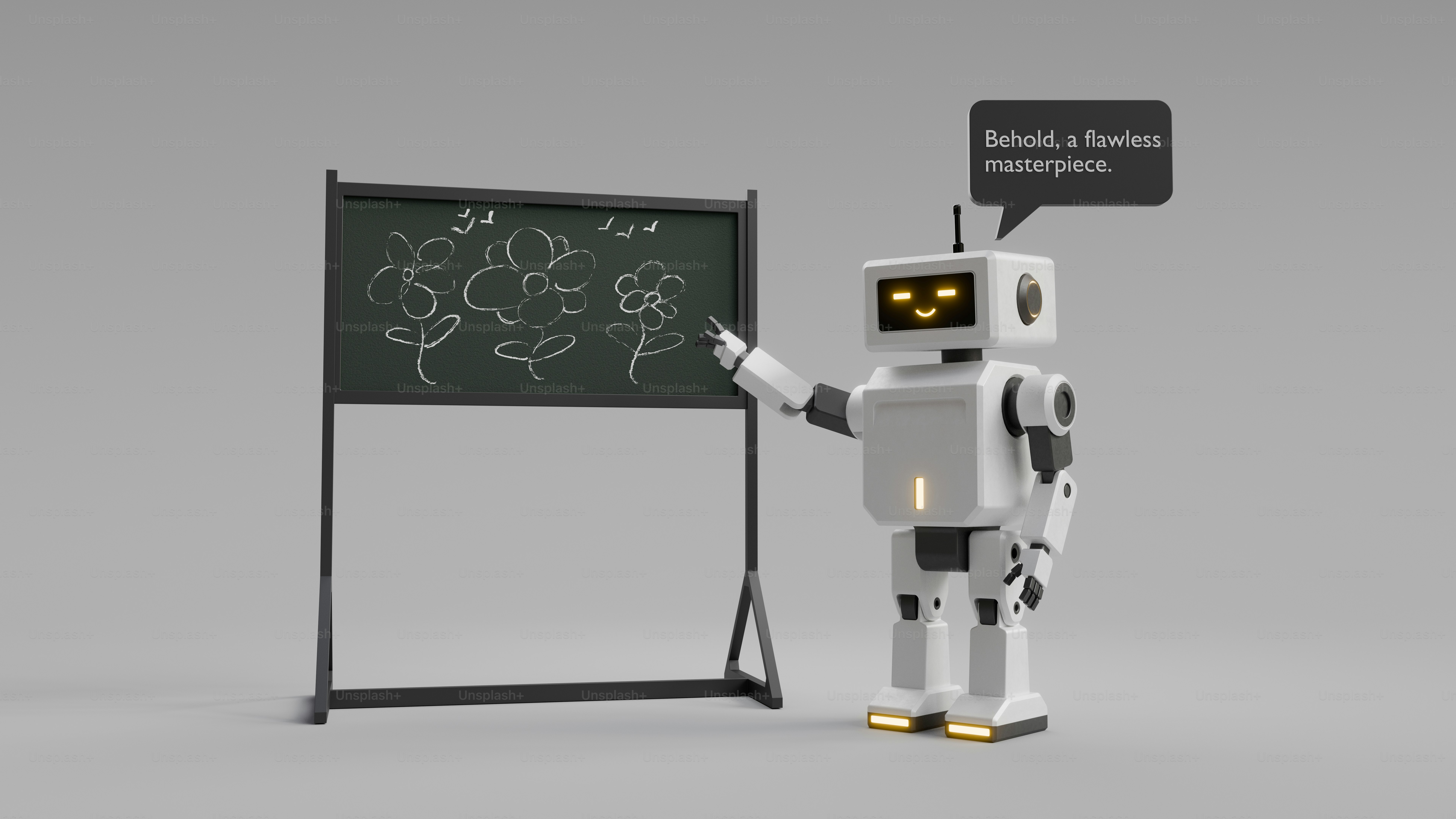 Un robot blanc pointant un tableau noir avec des dessins à la craie de trois fleurs