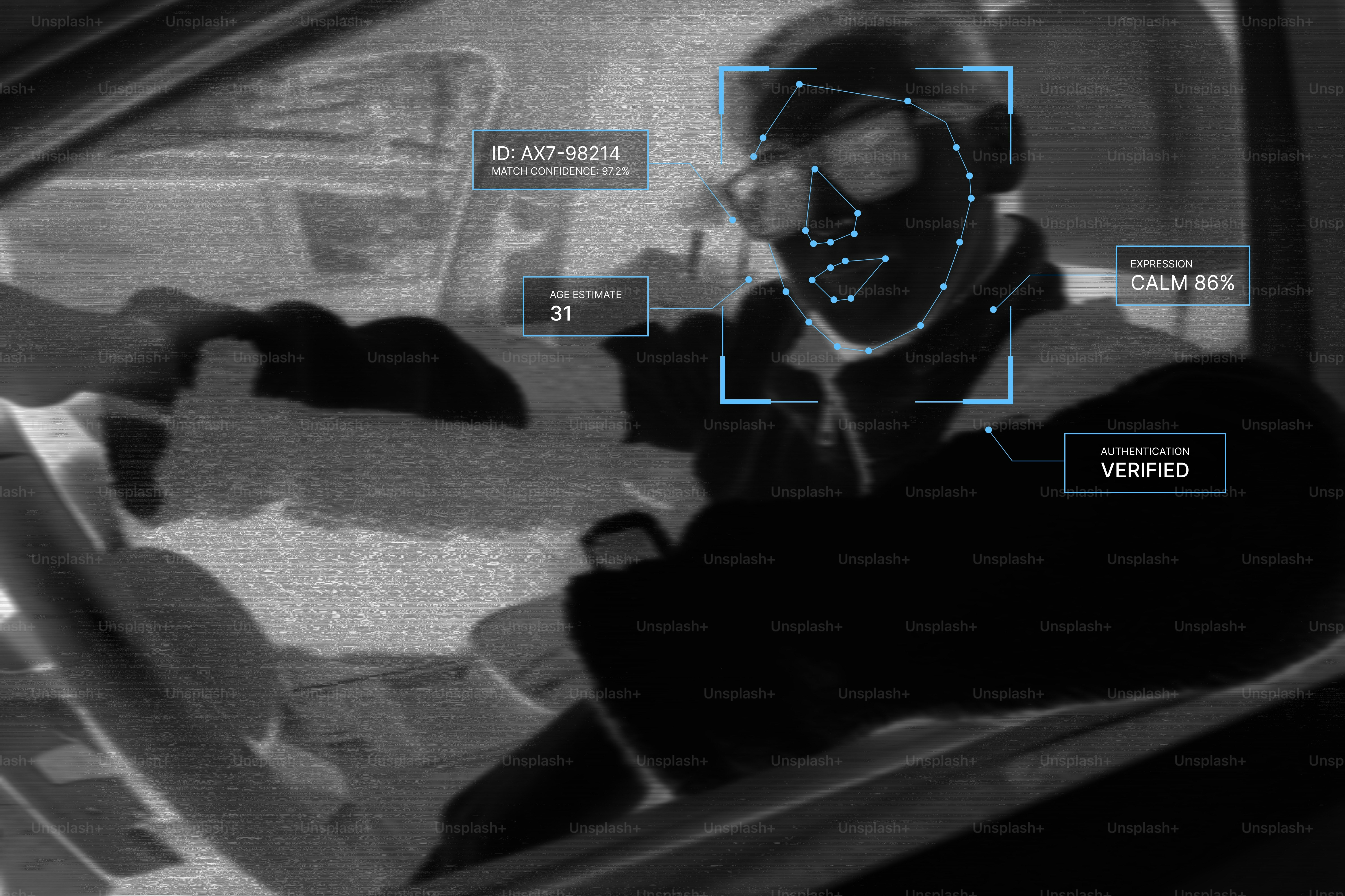 A person in a car with digital facial recognition overlays and data boxes