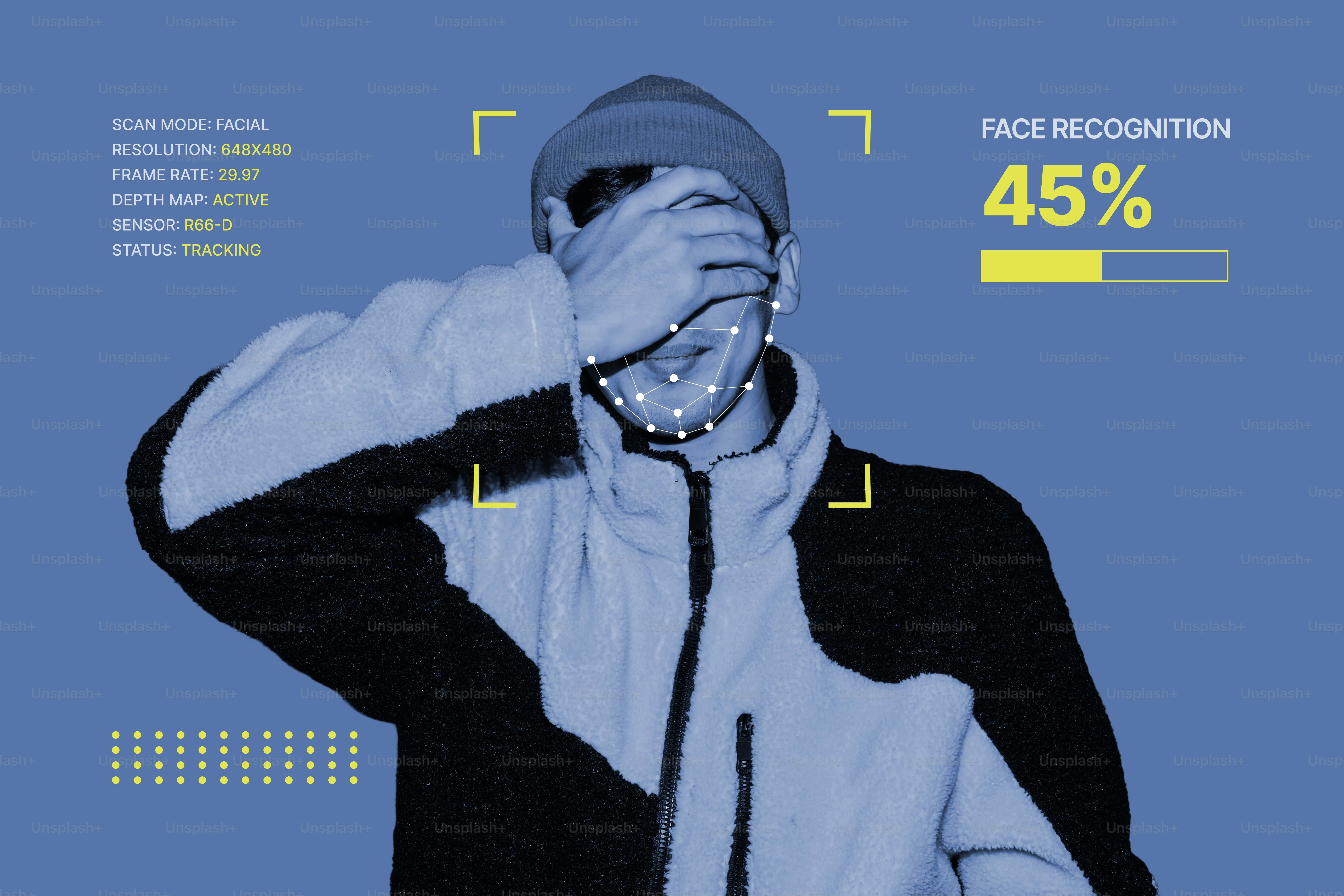 A person in a beanie and fleece jacket with a digital facial mapping overlay