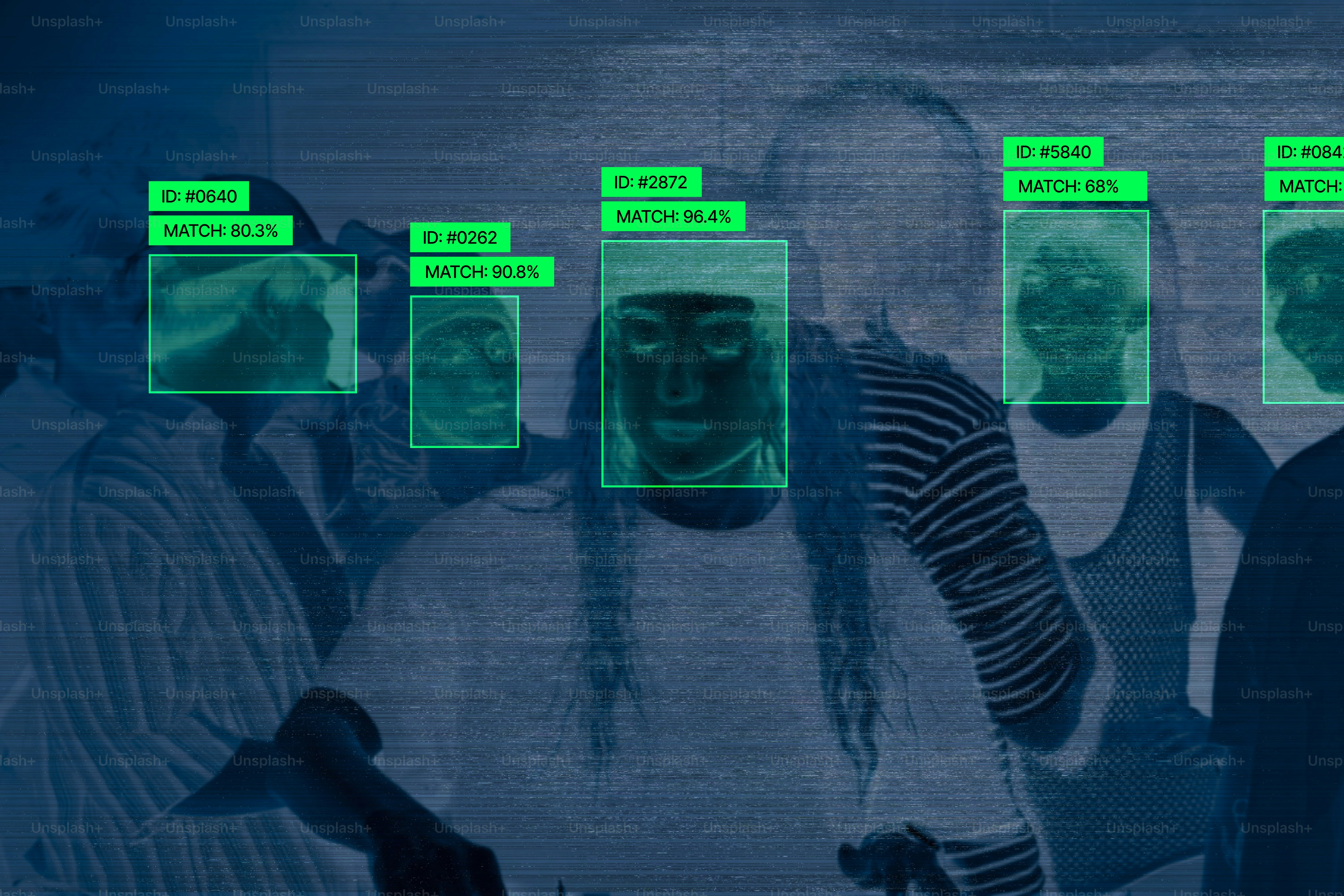 People in a crowd with digital facial recognition boxes and identification data overlays