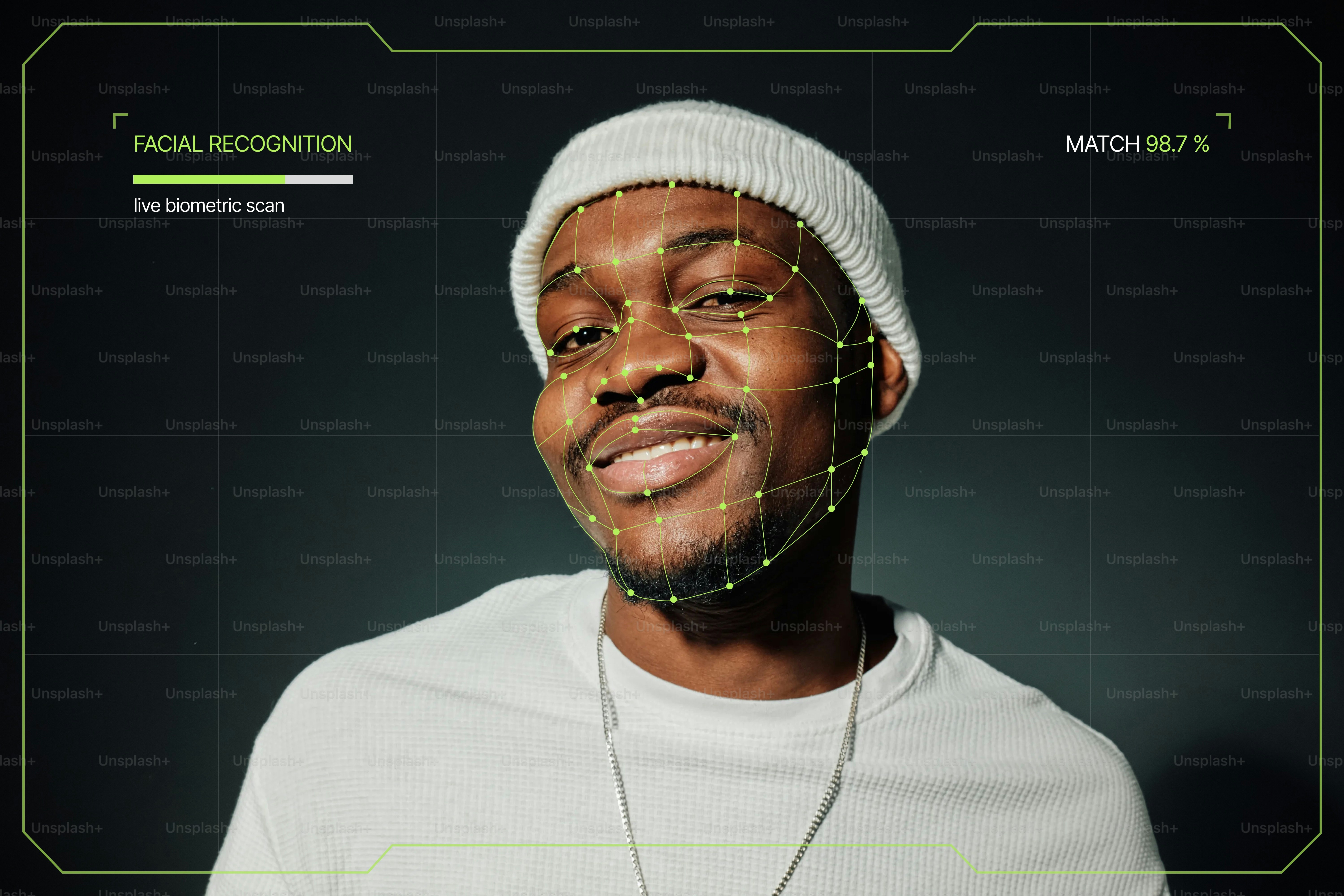 A man in a white beanie with a digital facial mapping grid overlay