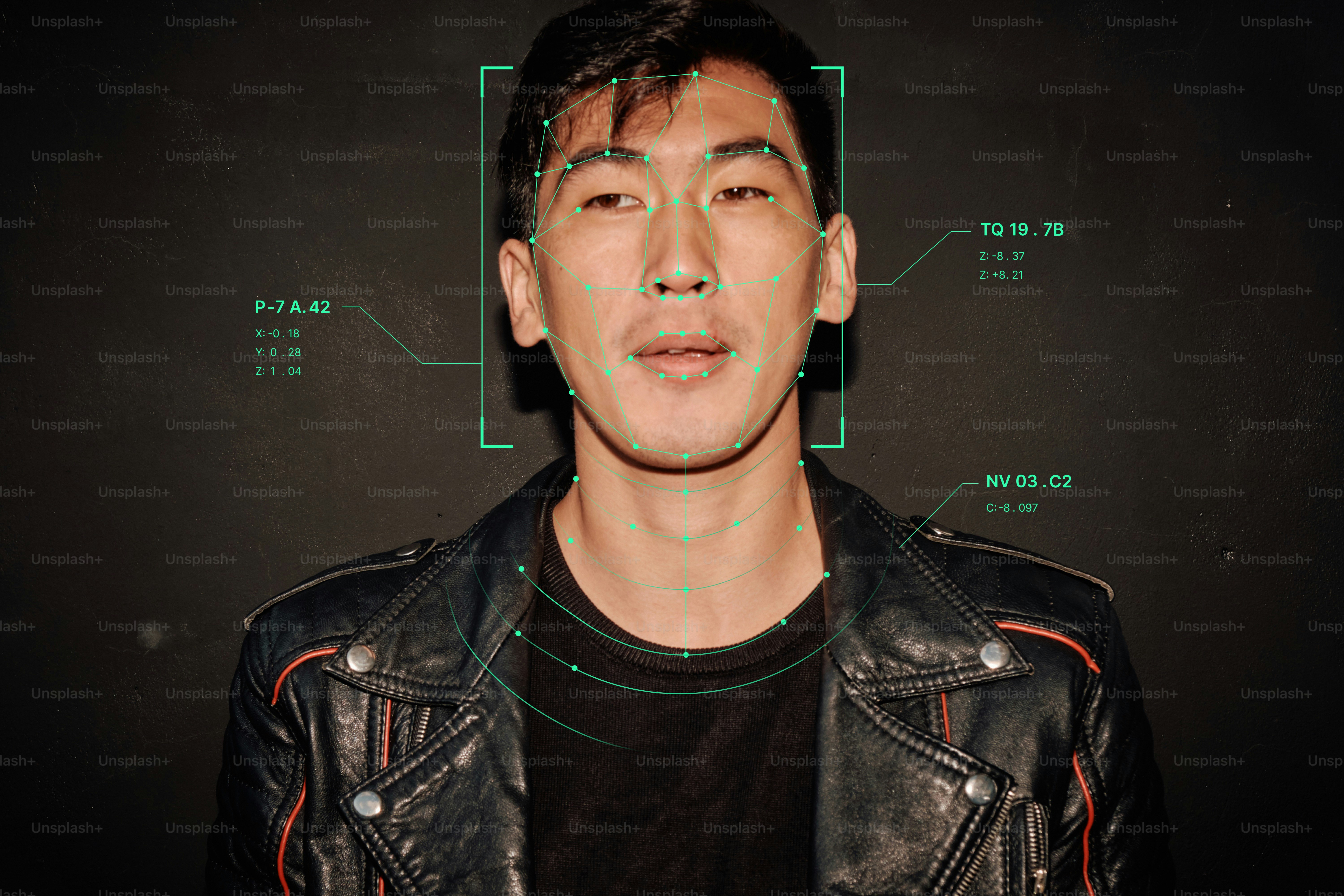 A man in a leather jacket with a digital facial recognition mesh overlay