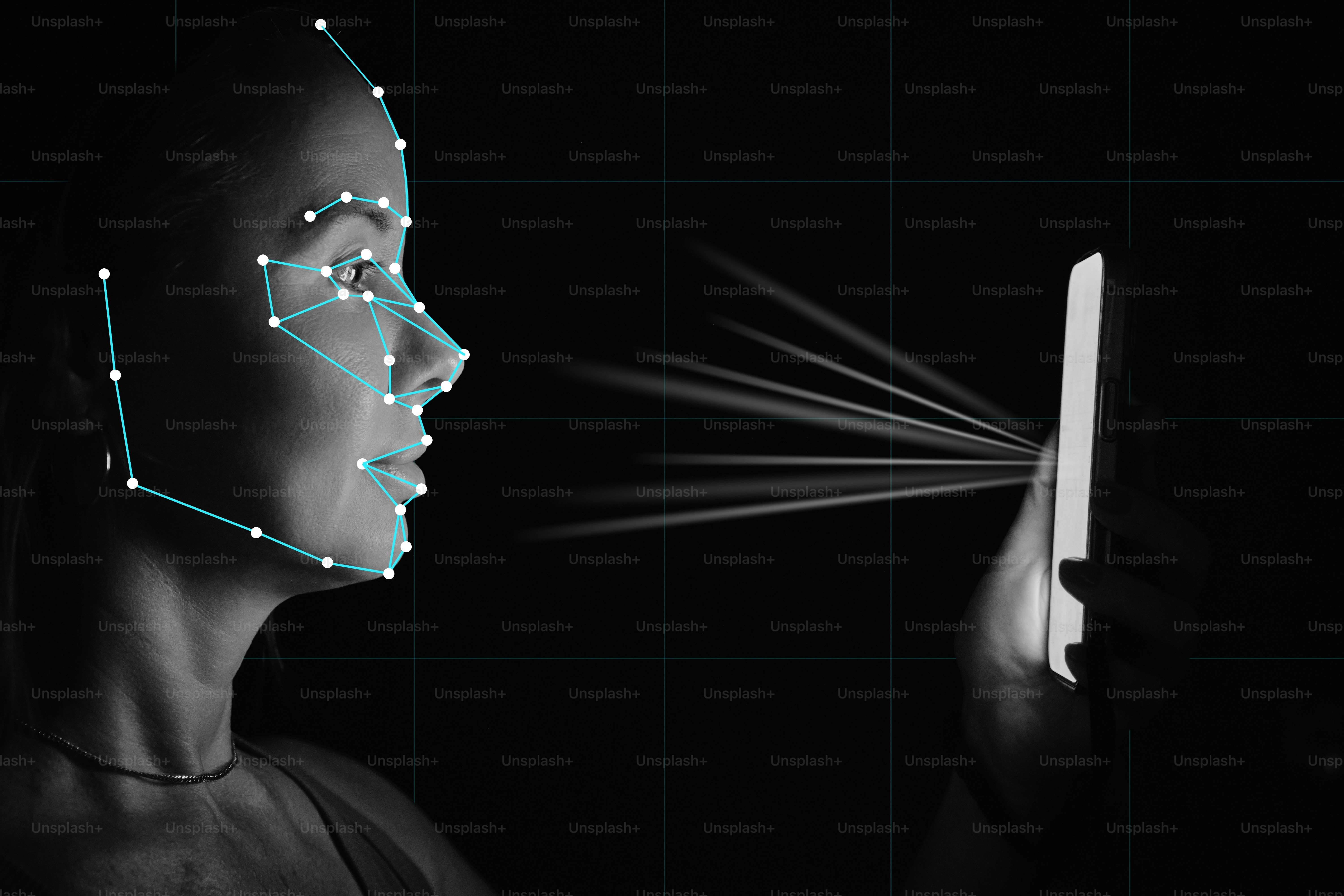 A person with a digital facial mapping grid scanning their face with a smartphone