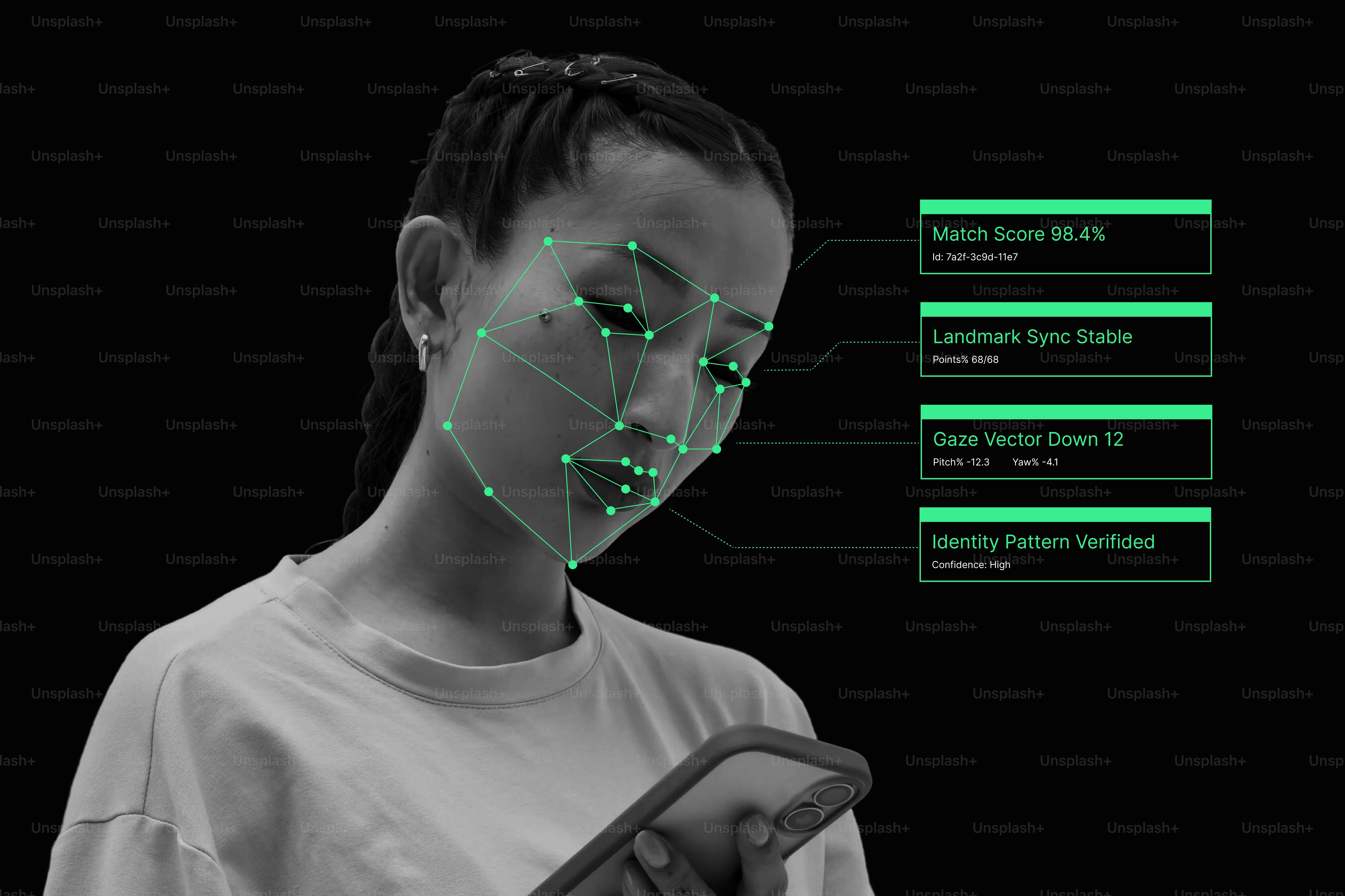 A person with a digital facial mapping overlay looking down at a smartphone