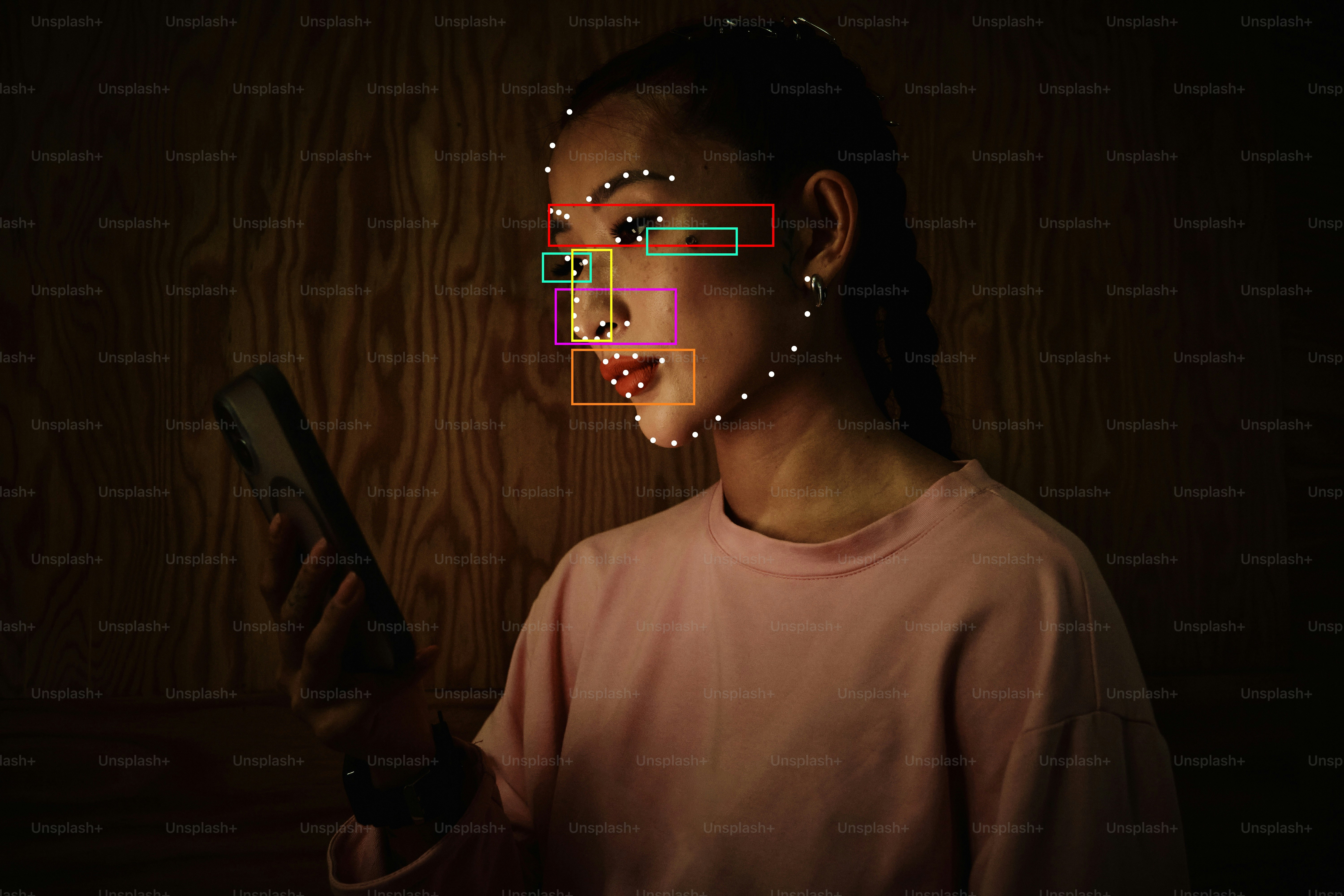 A person in a pink shirt using a smartphone with facial recognition markers