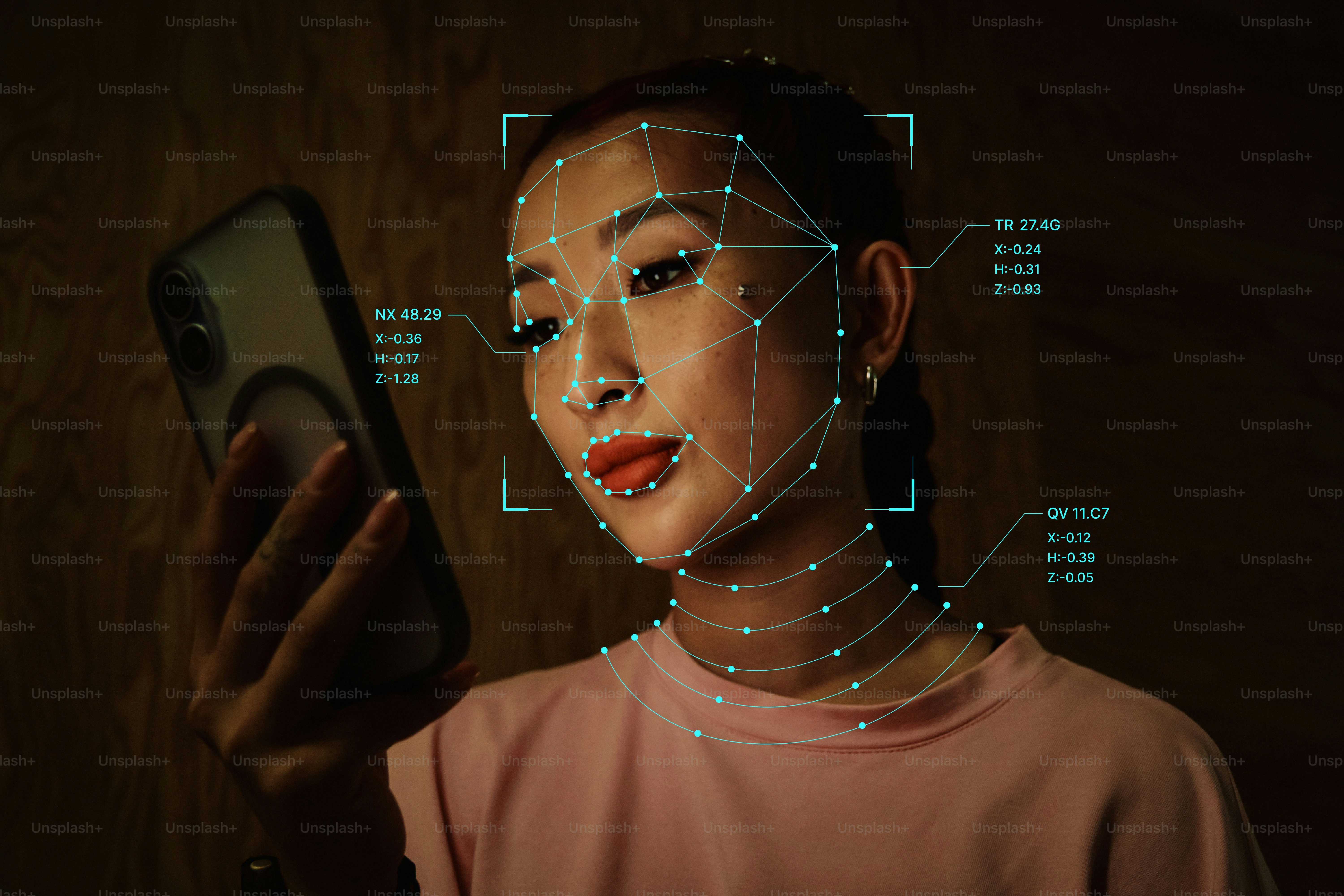 A person looking at a smartphone with a digital facial recognition mesh overlay