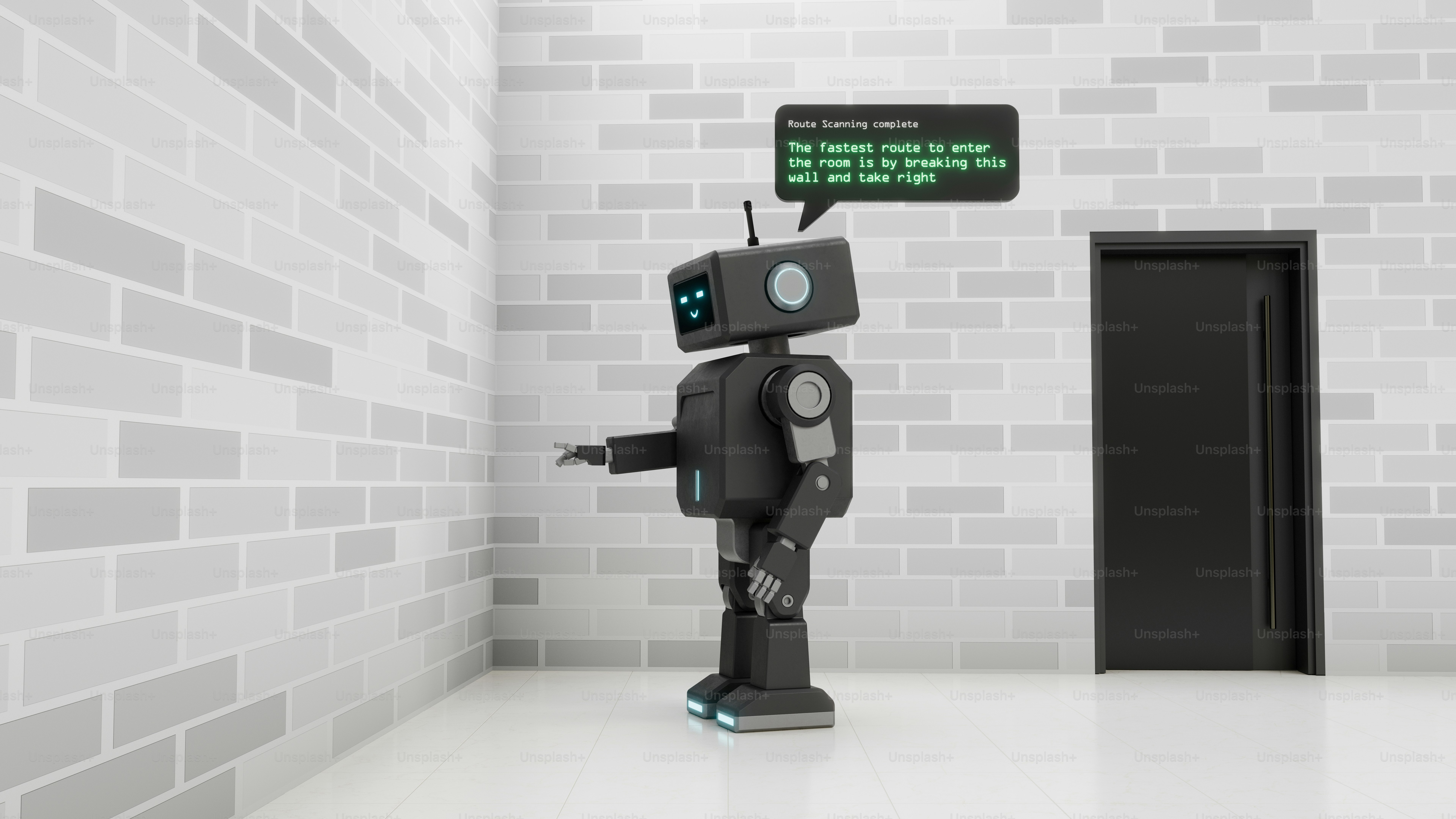 Un petit robot noir pointant vers un mur de briques blanches près d’une porte fermée