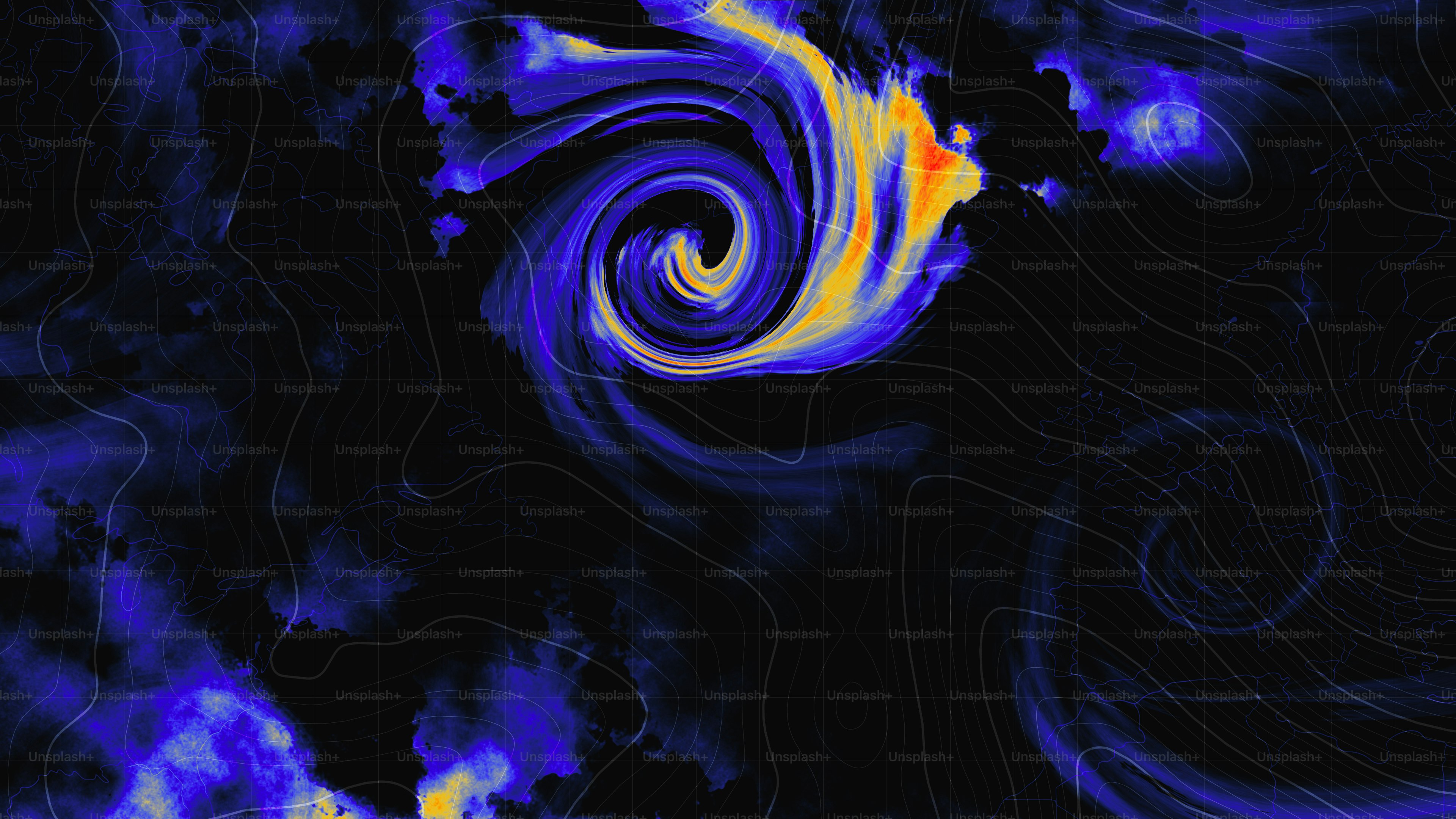 A swirling blue and orange weather pattern over a dark map background