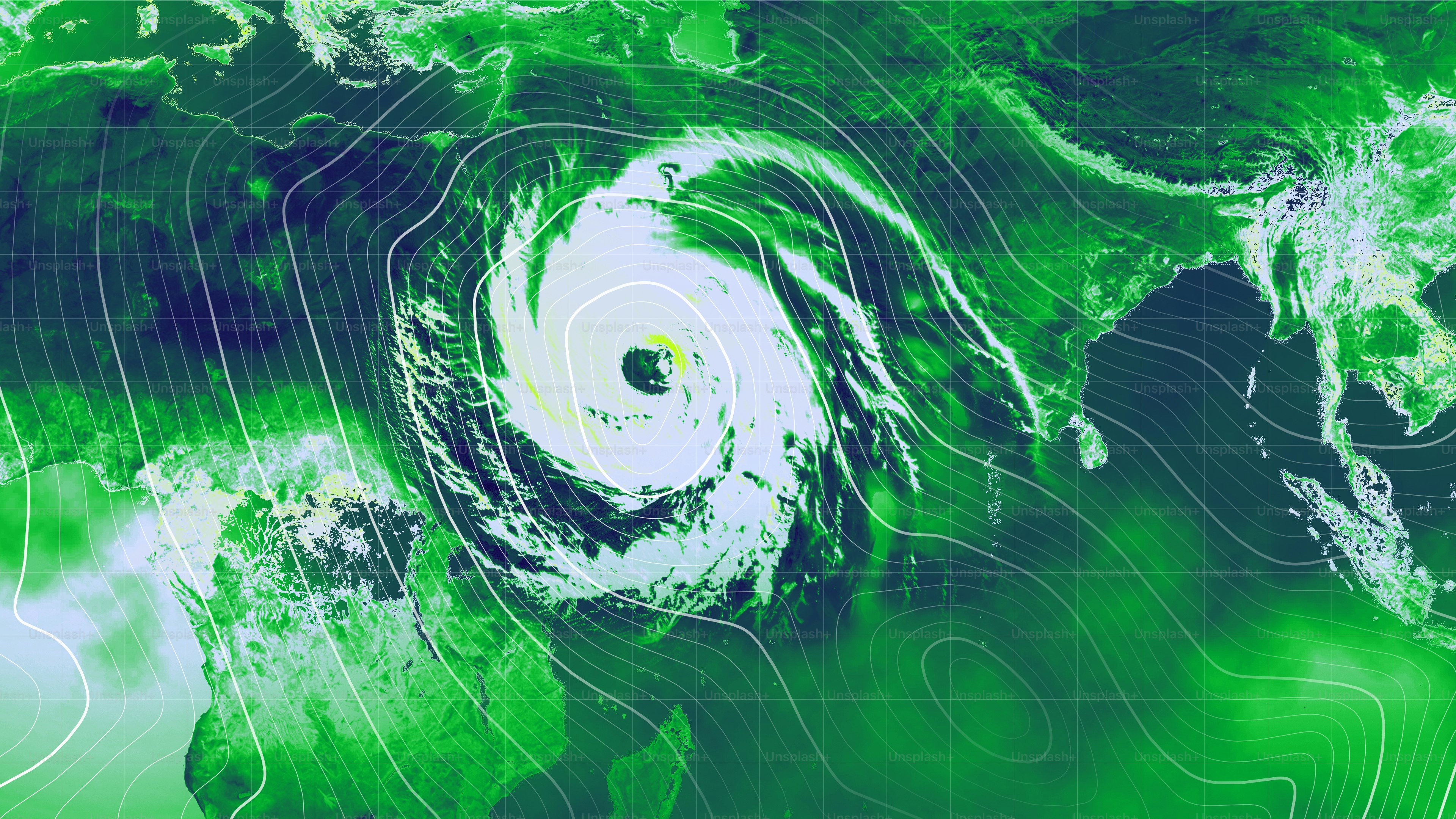 A satellite weather map showing a large tropical cyclone over the Indian Ocean
