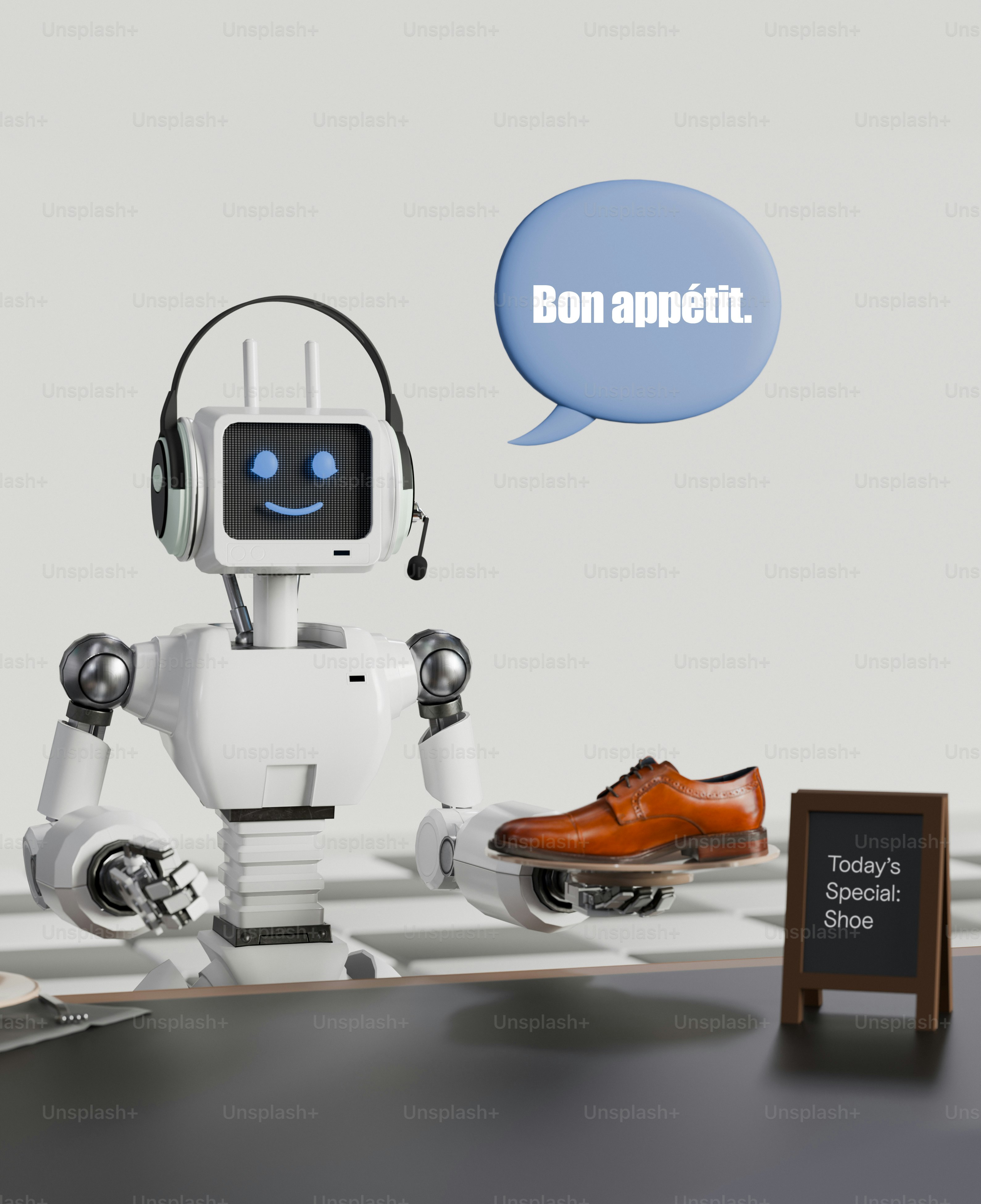 A white robot wearing headphones holding a brown leather shoe on a silver platter