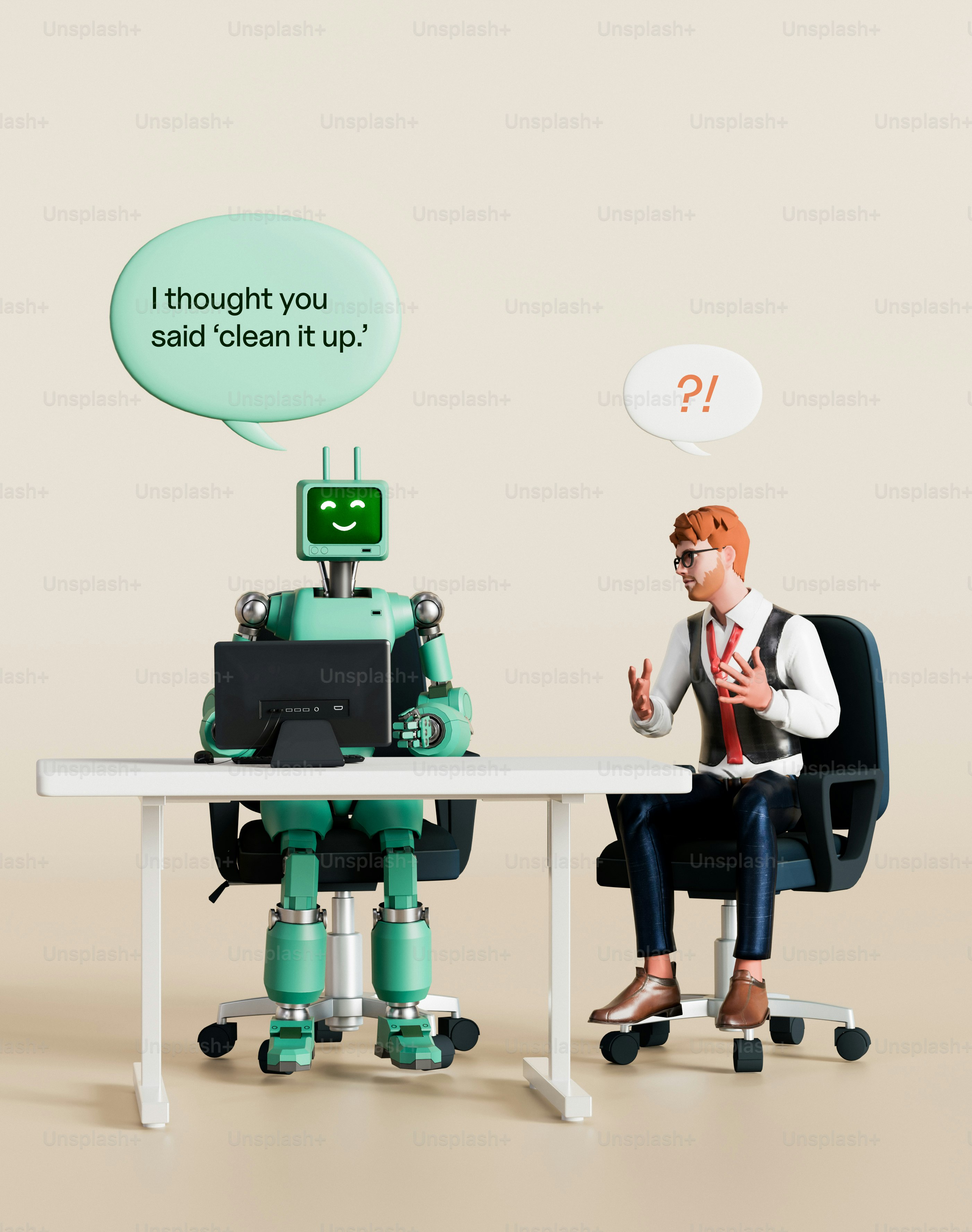 A green robot and a man sitting at a desk with speech bubbles