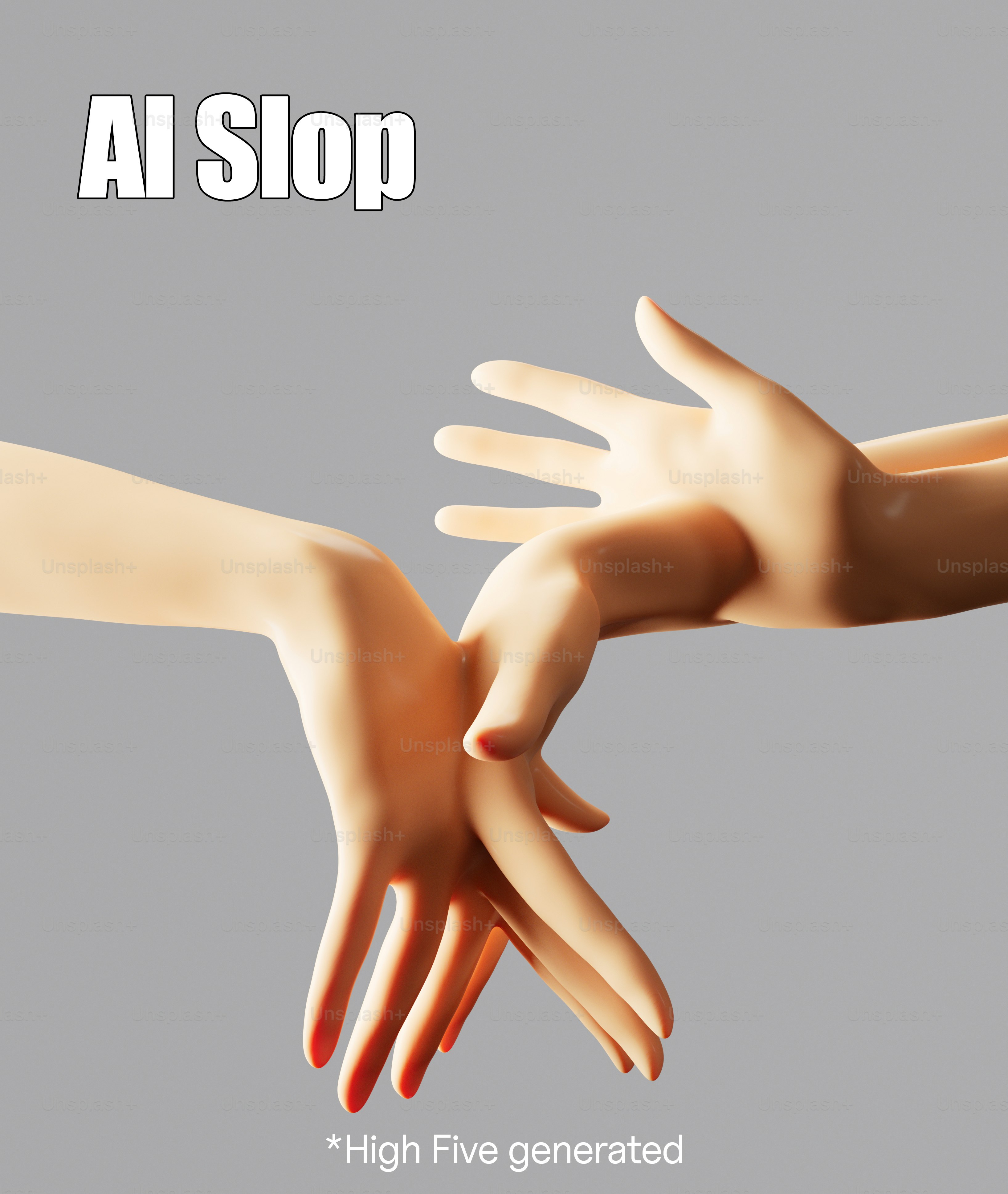 Two stylized human hands interacting against a plain grey background