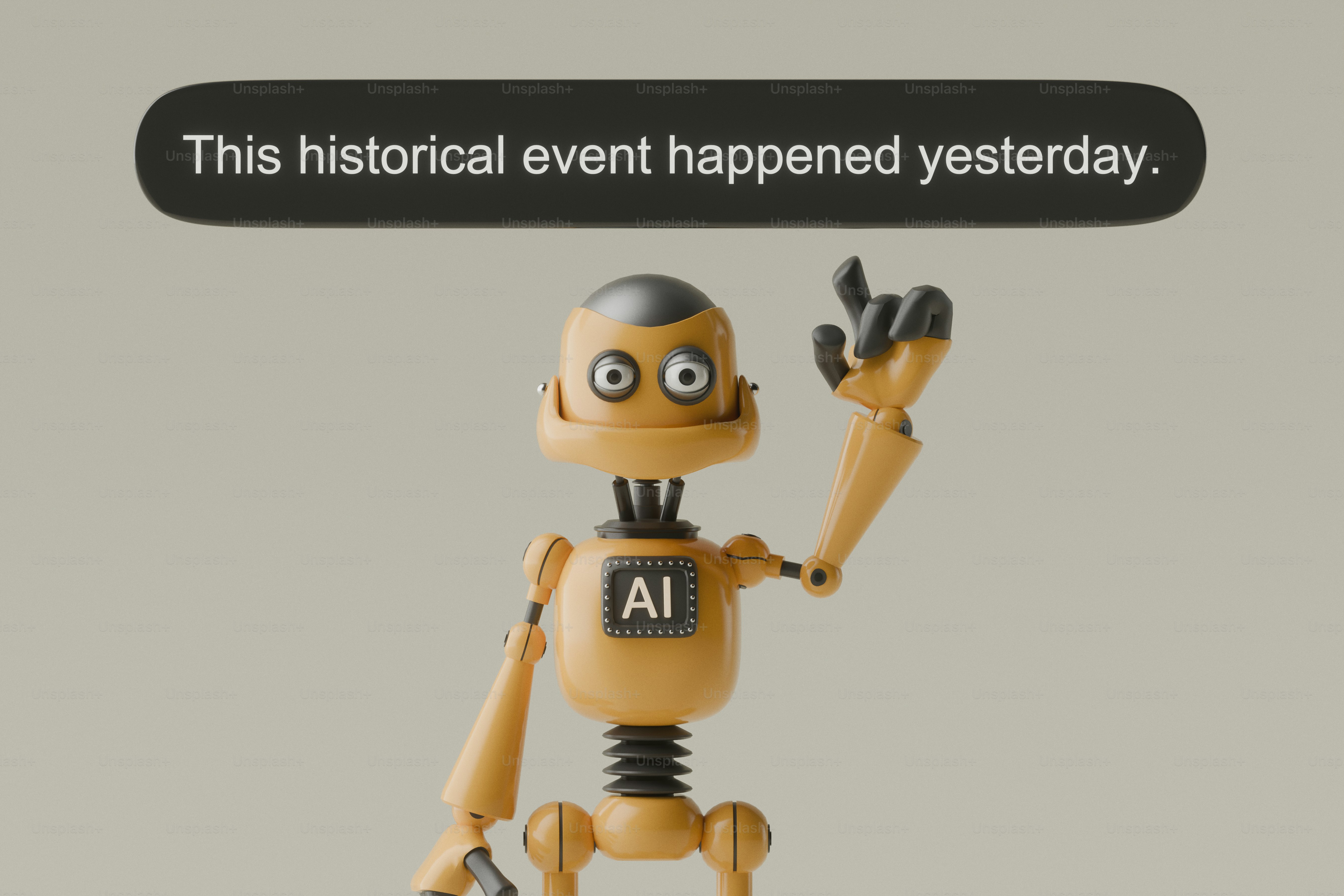 A yellow robot with an AI label on its chest pointing upward