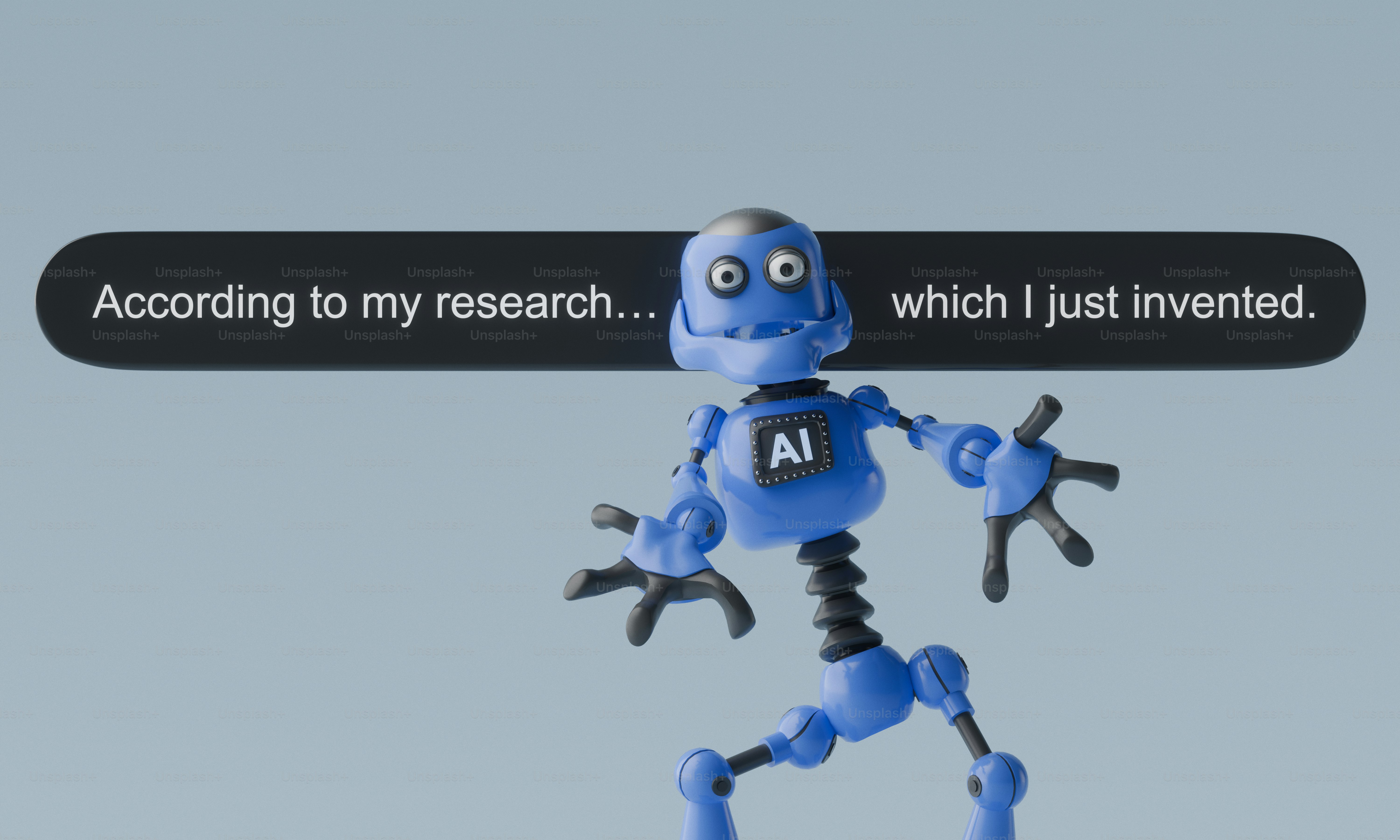 A blue robot with an AI label on its chest gesturing before a text bubble
