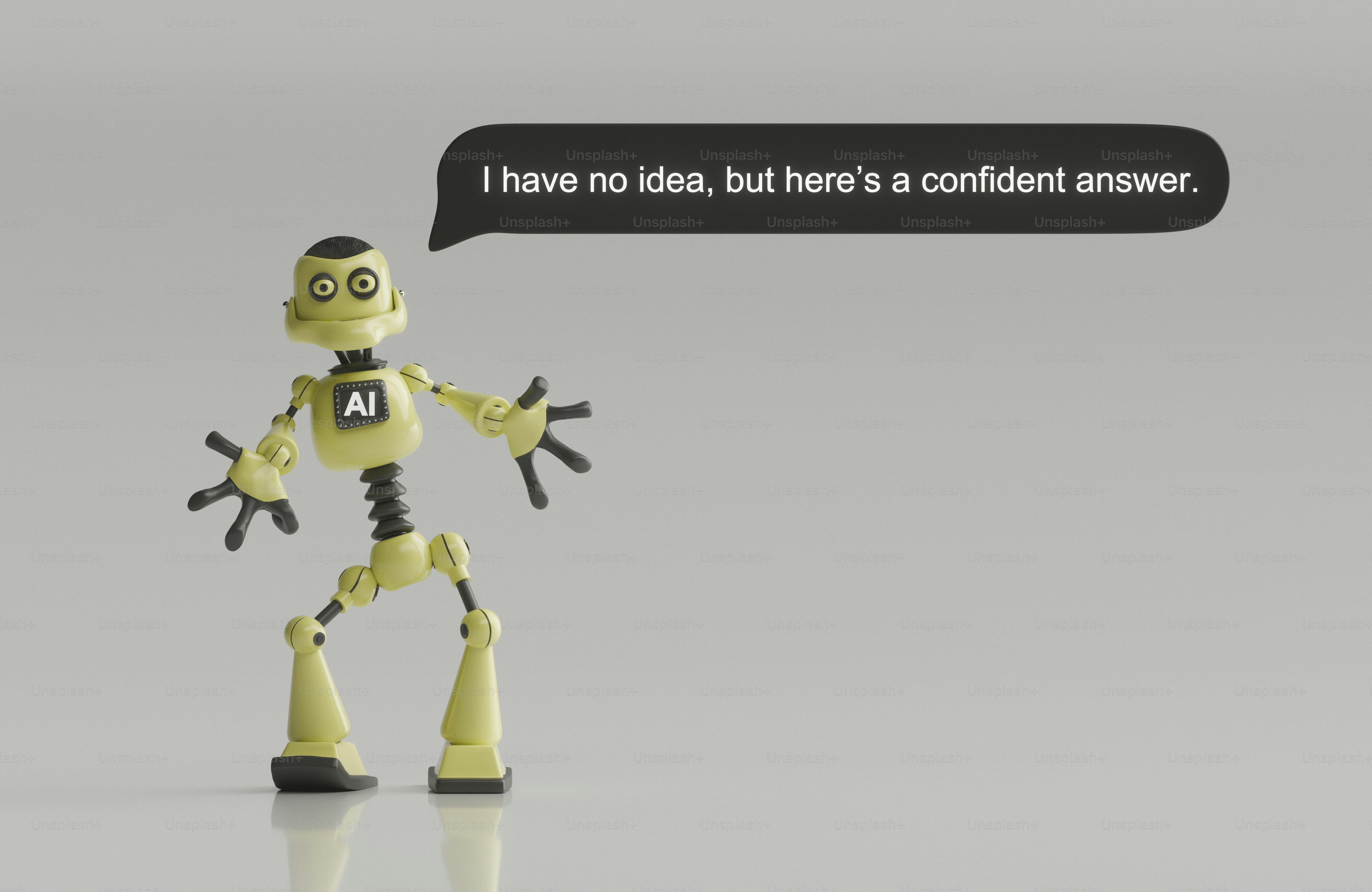 A yellow robot with an AI label on its chest and a speech bubble