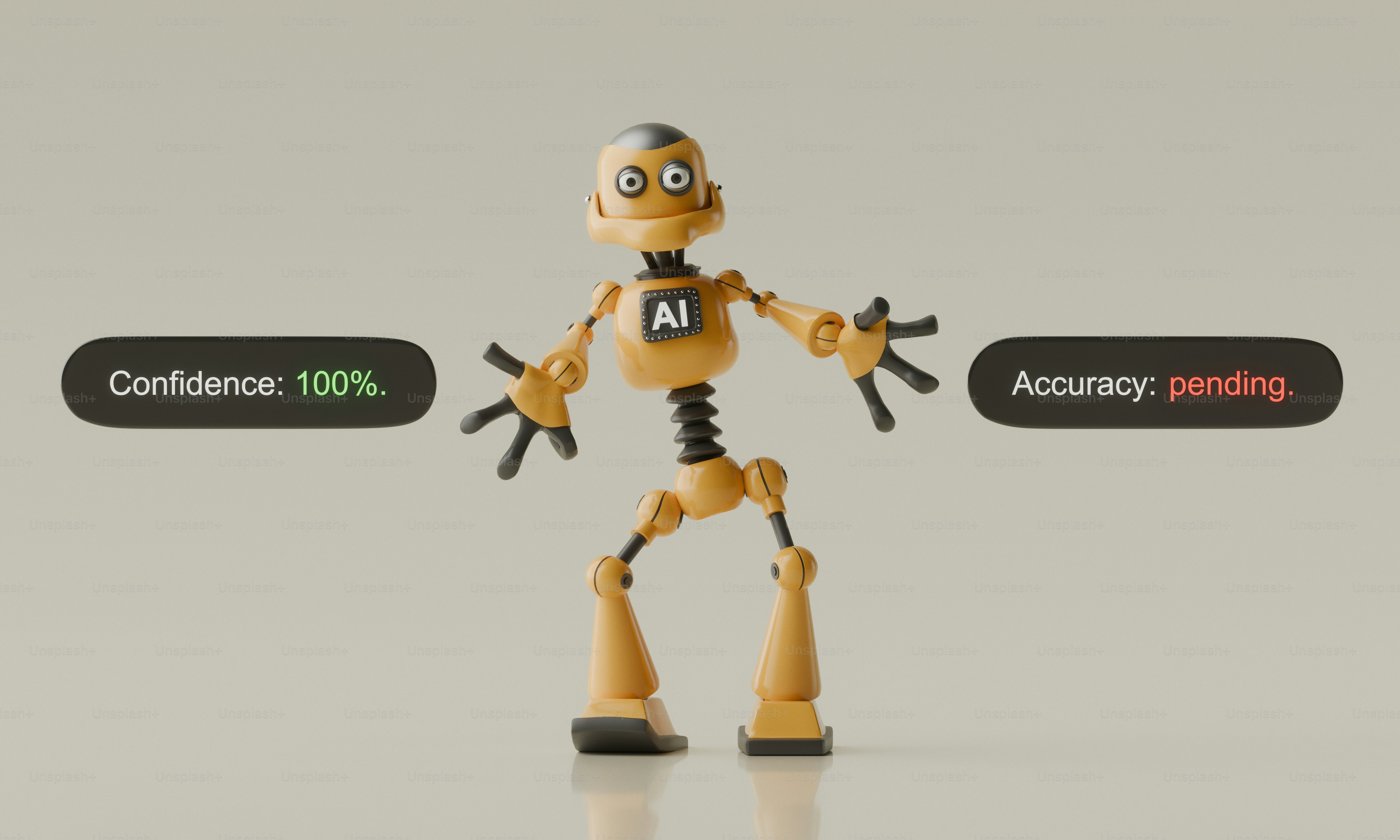 A yellow robot with an AI chest plate between two floating text bubbles