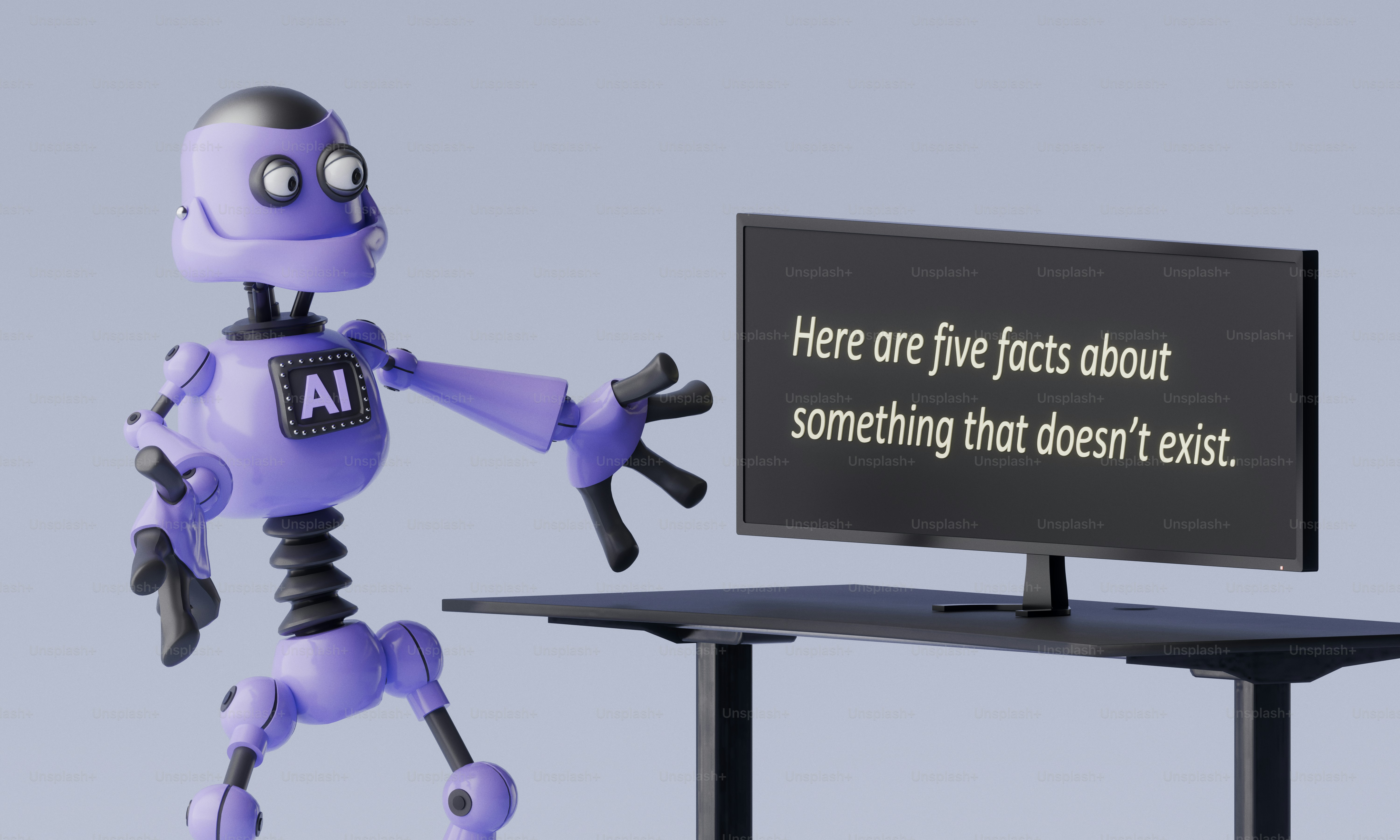 A purple robot gesturing toward a computer monitor displaying text about non-existent facts