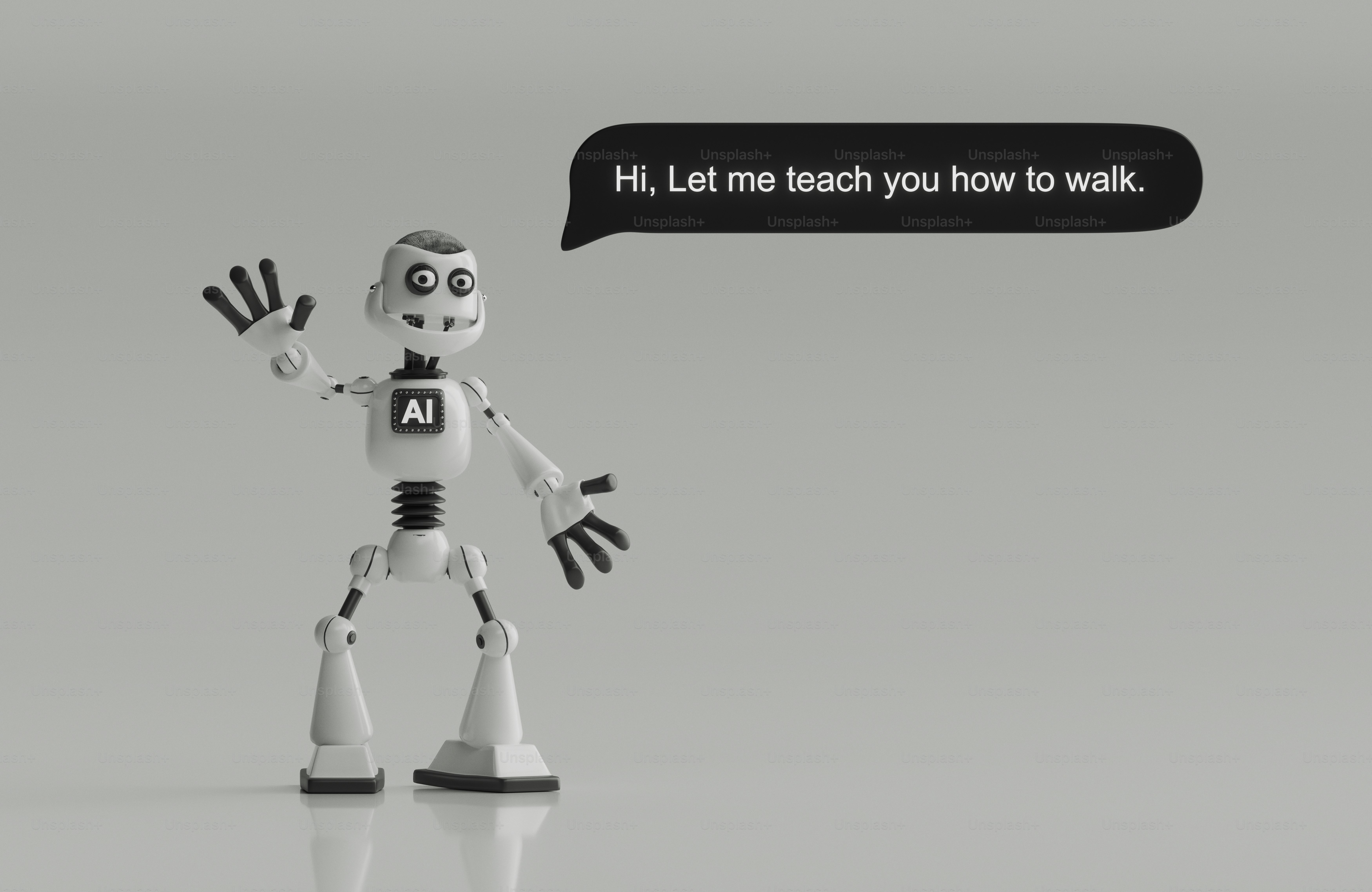 A white robot waving beside a black speech bubble