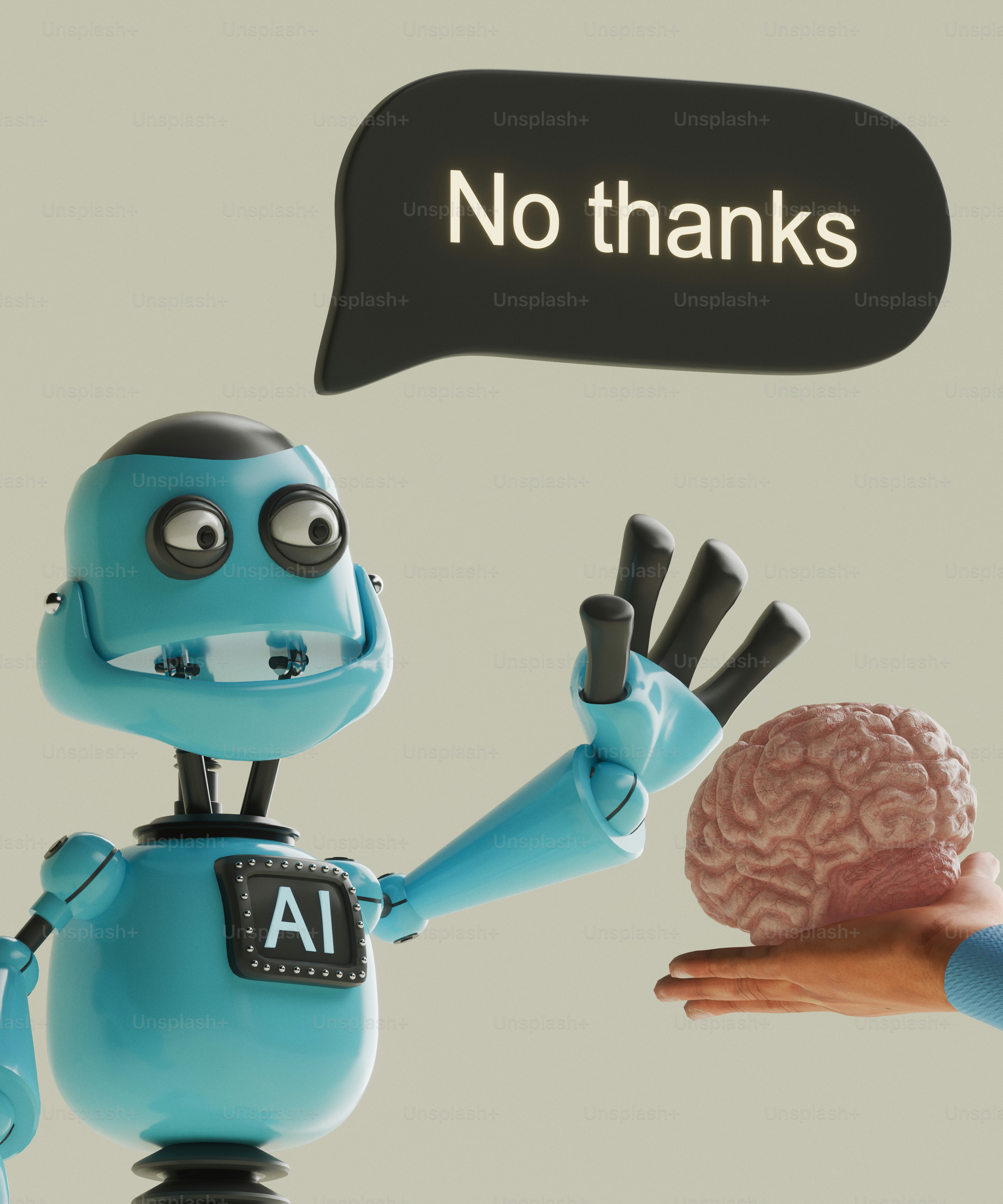 A blue robot with an AI chest label rejecting a human hand holding a brain