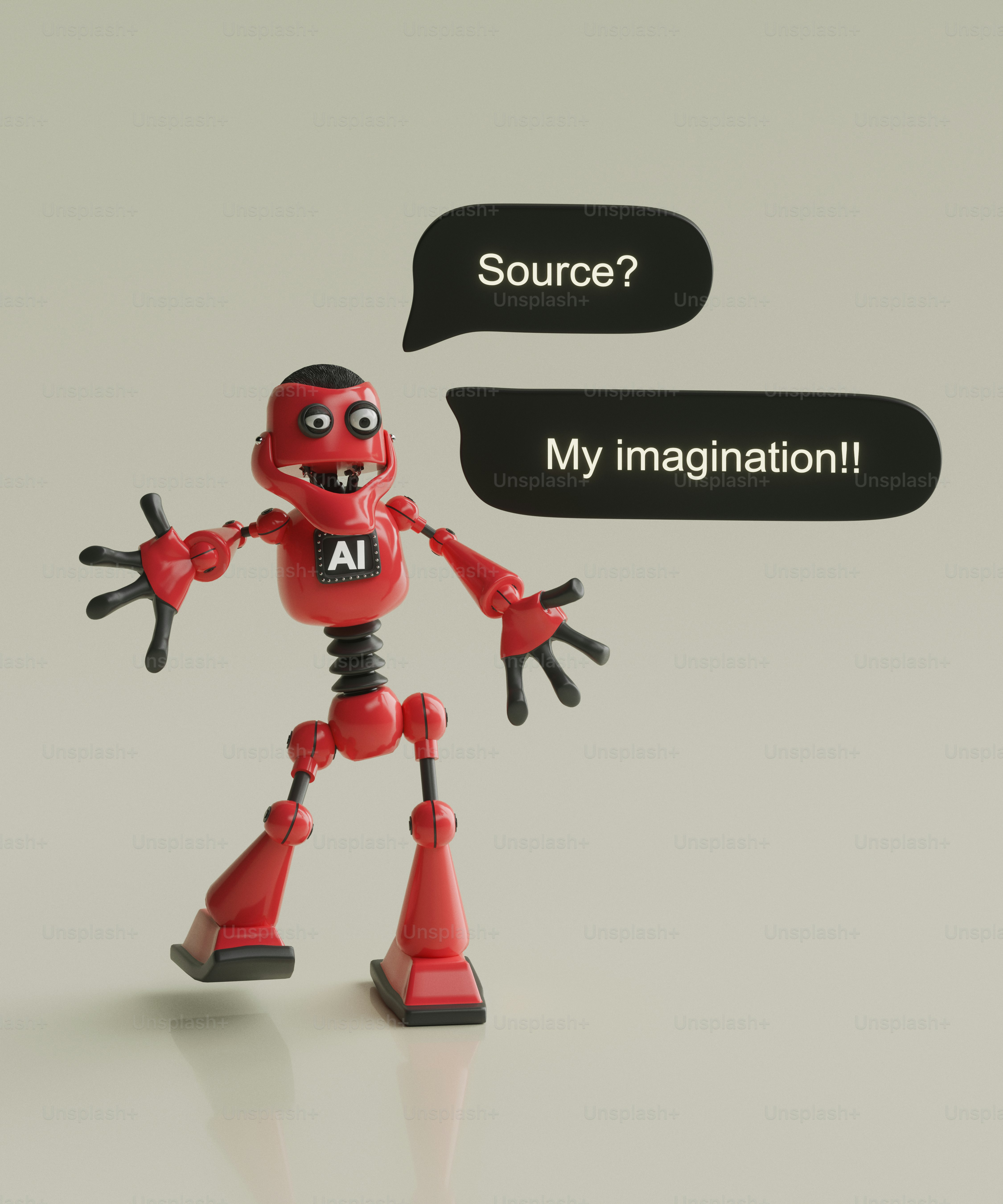 A red robot with AI on its chest and two speech bubbles