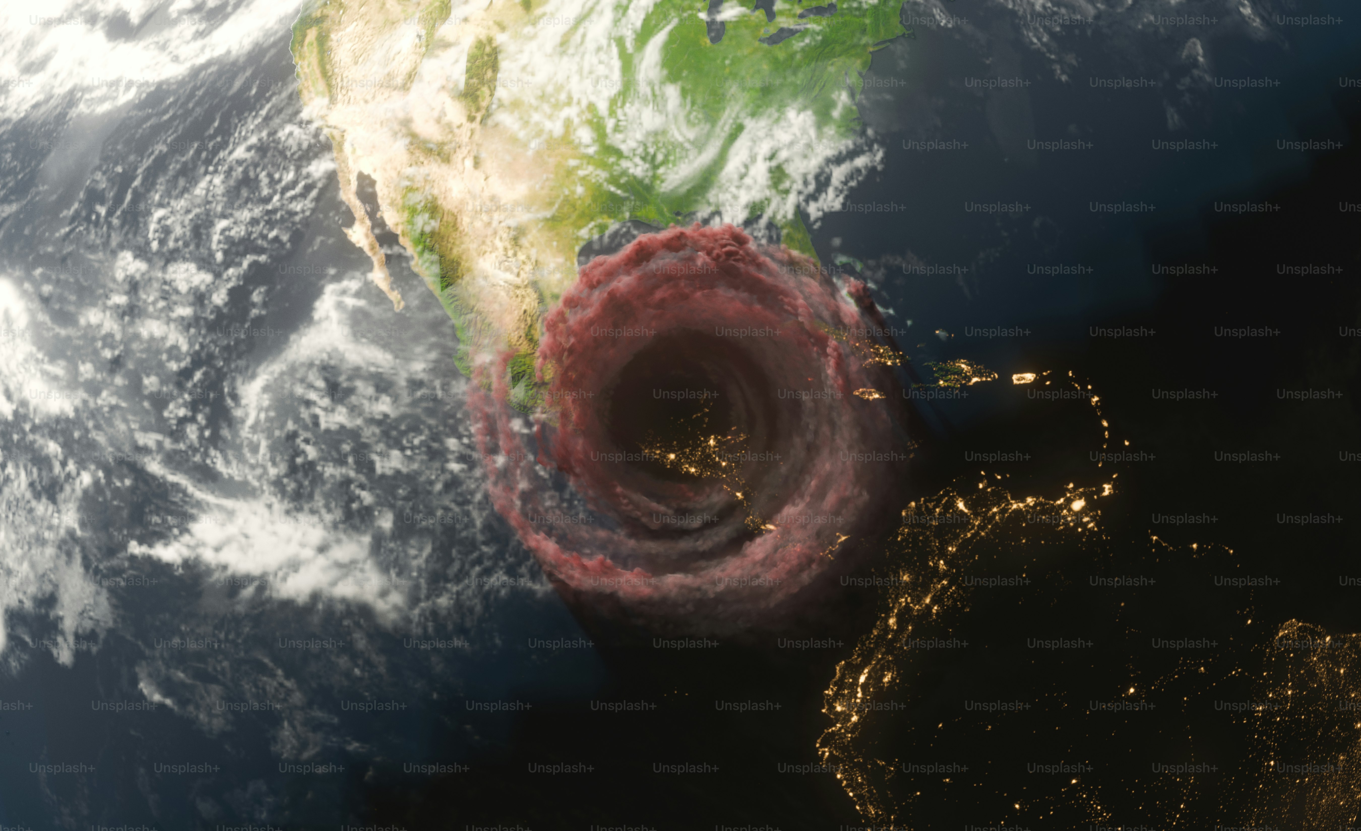 A large swirling storm system over the Gulf of Mexico at night