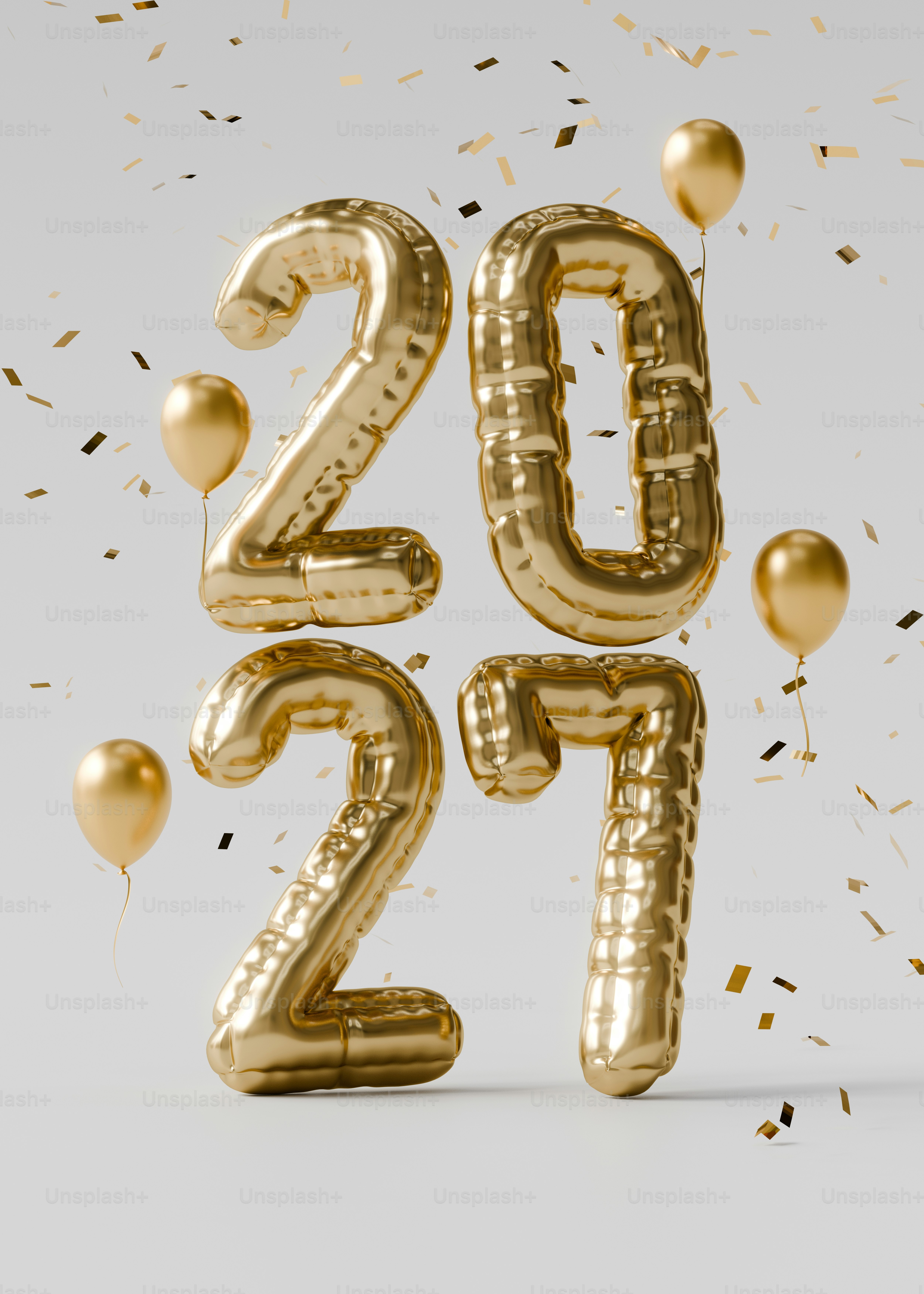Palloncini in foglio d'oro a forma del numero 2027 con palloncini galleggianti e coriandoli