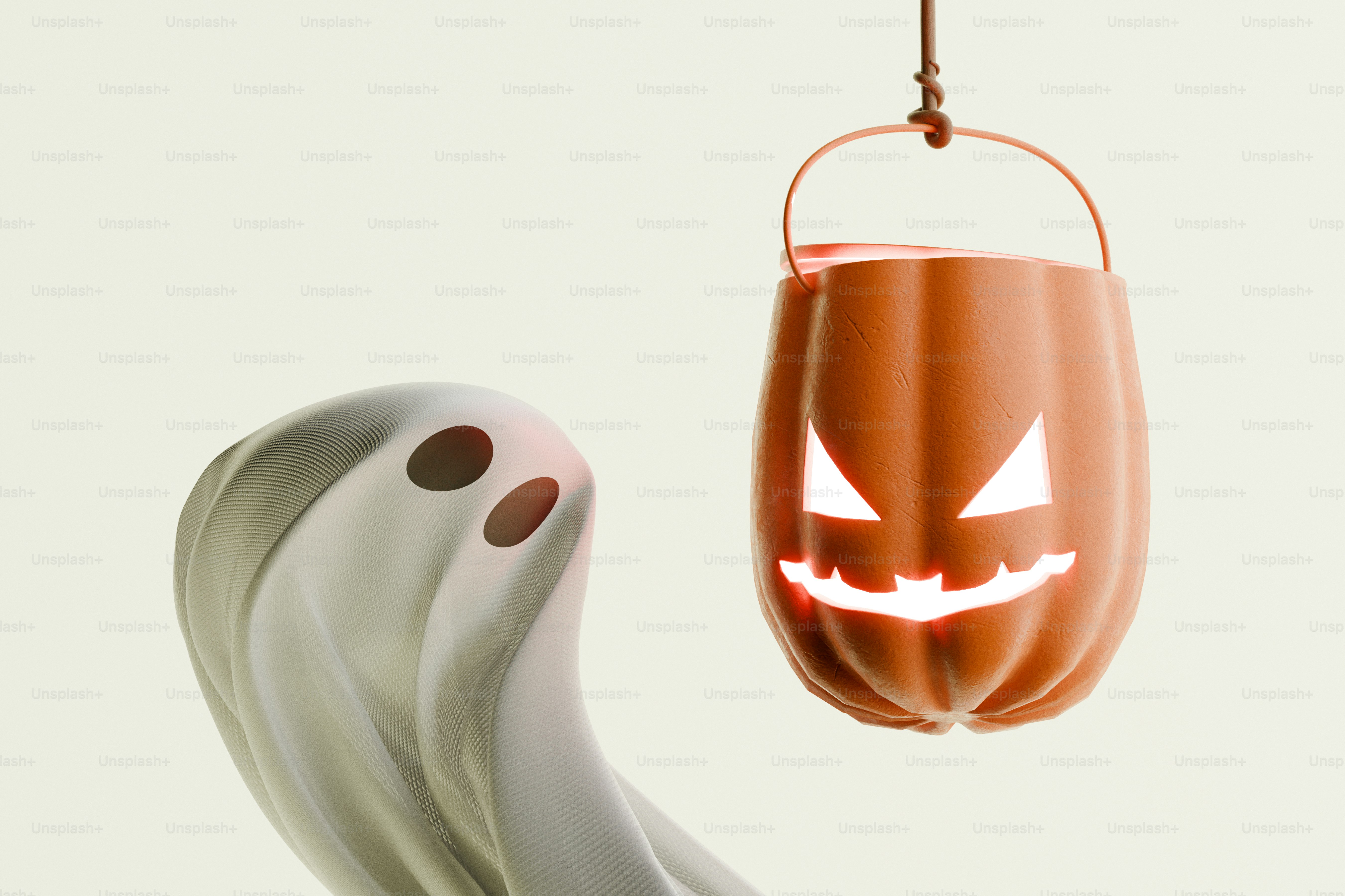 A white ghost figure beside a glowing orange jack-o'-lantern bucket hanging from a hook