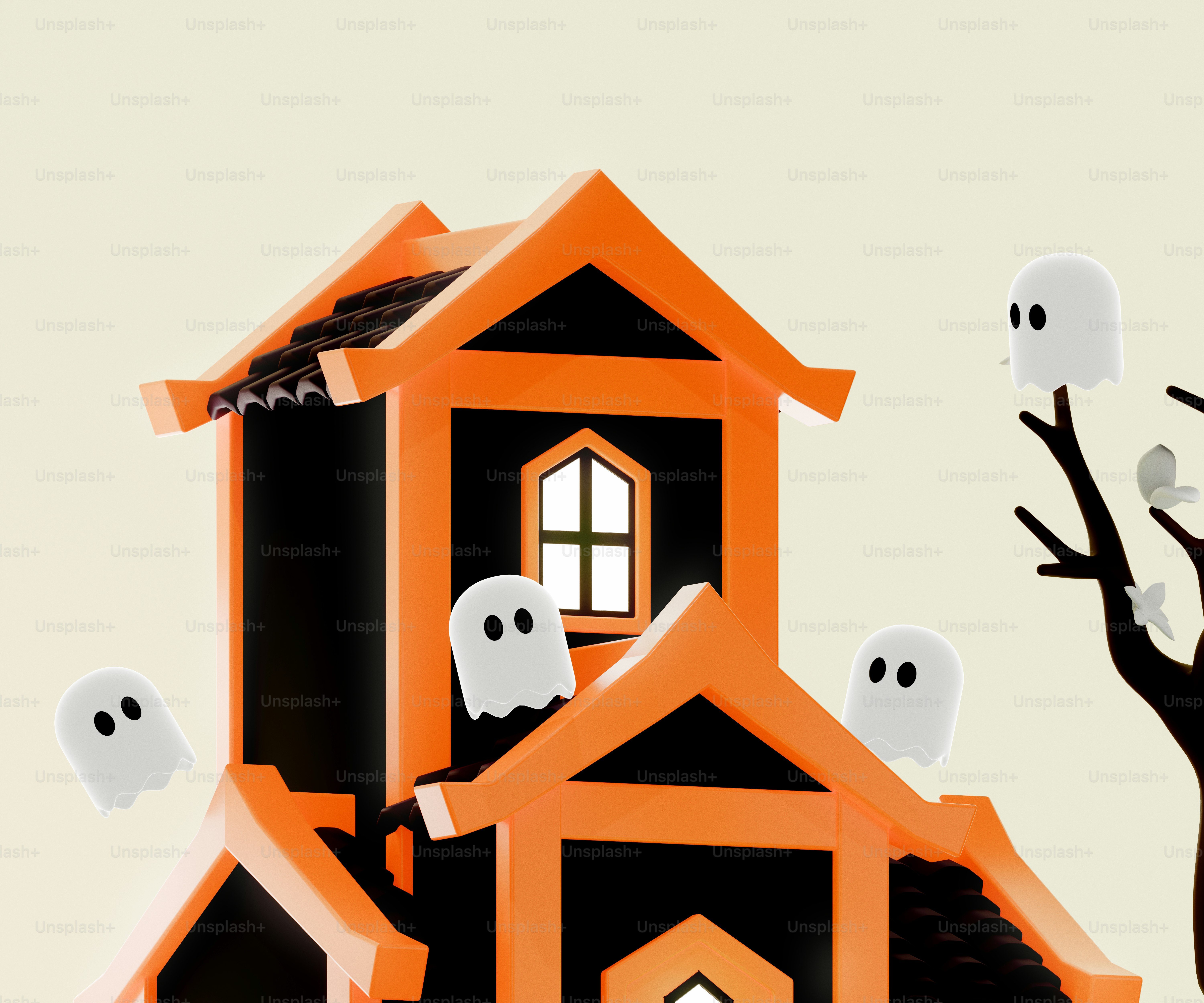 A black and orange haunted house with small white ghosts and a bare tree