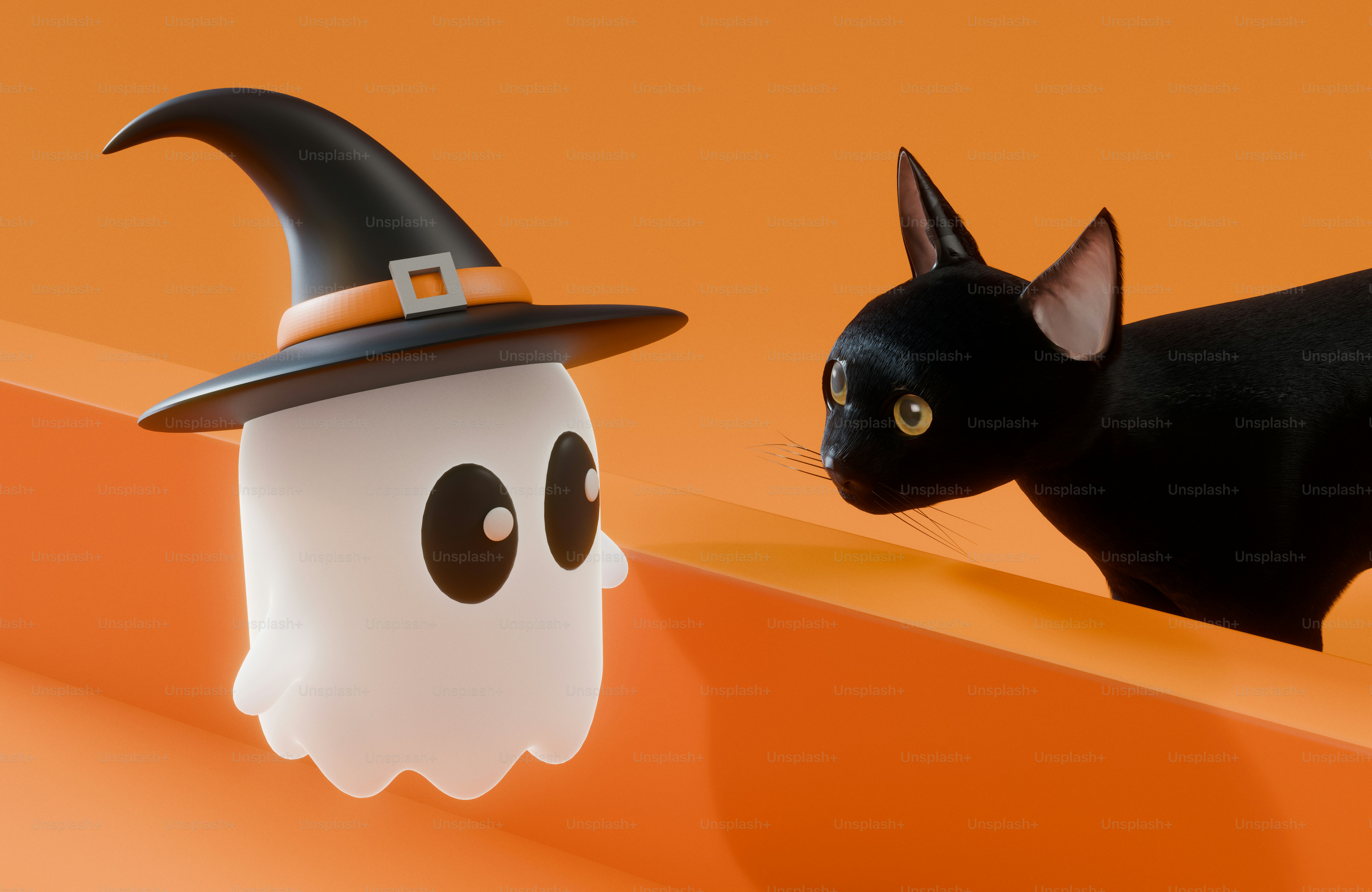A small white ghost wearing a witch hat facing a black cat