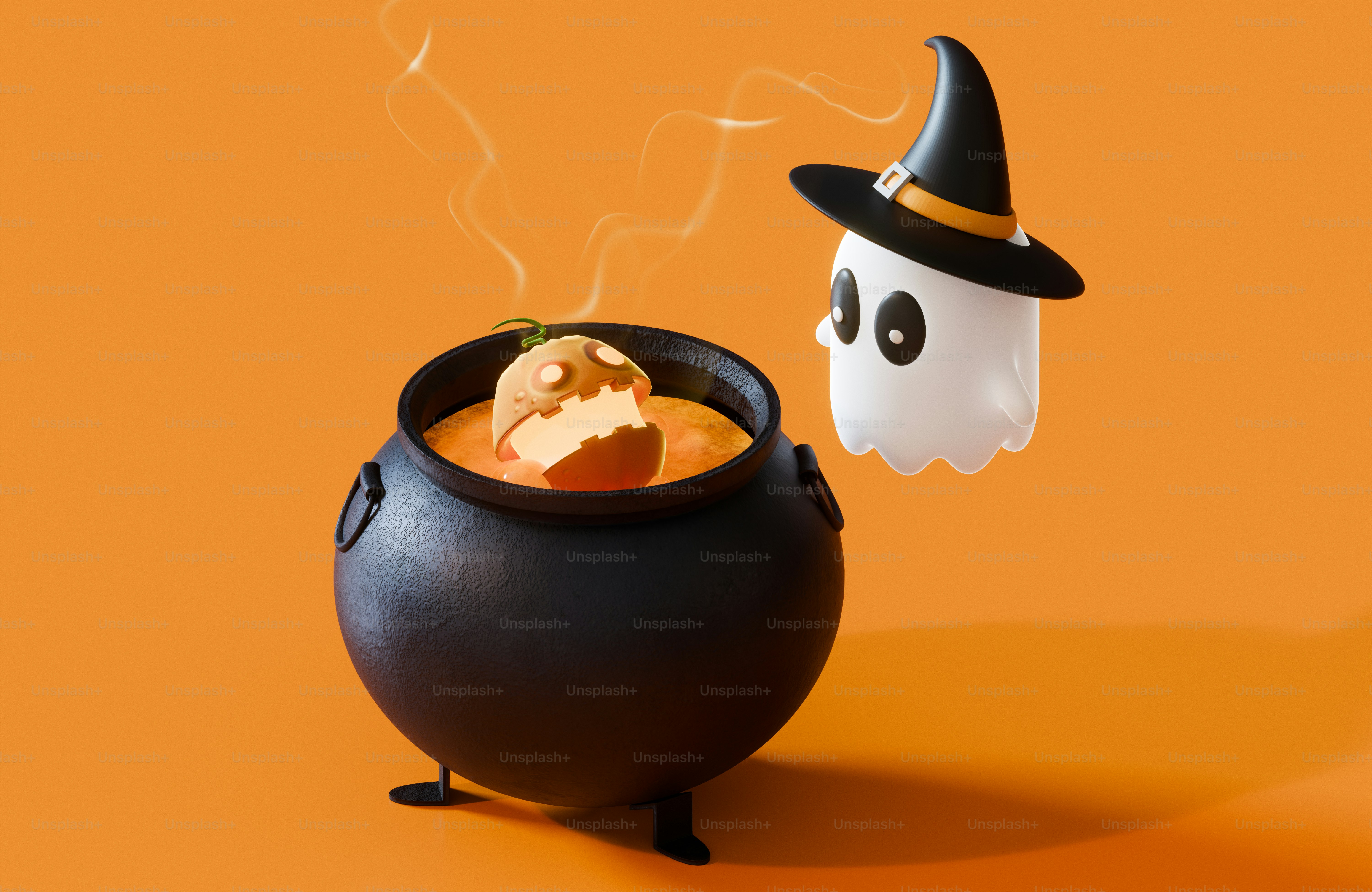 A small ghost wearing a witch hat beside a black cauldron with steam