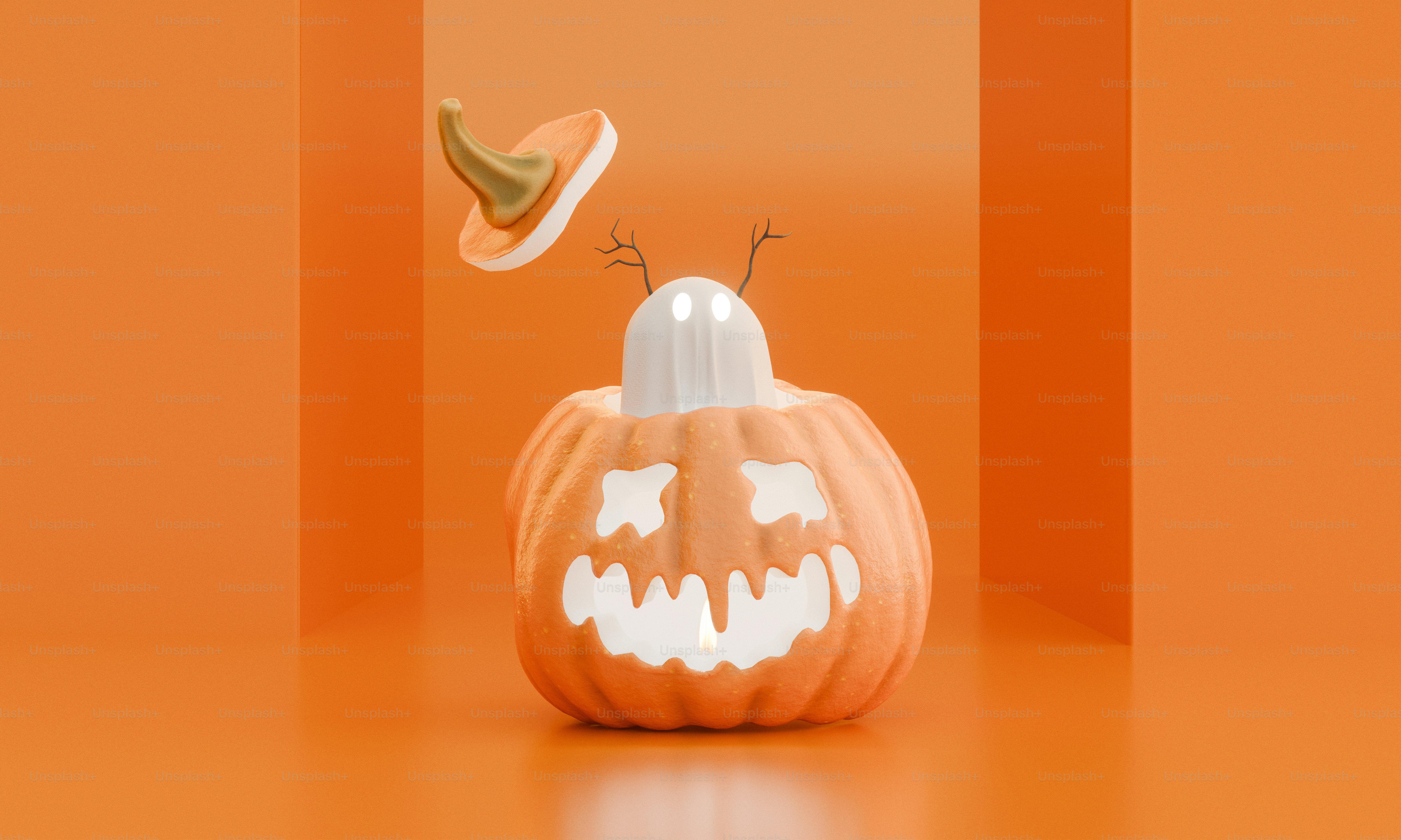 A carved pumpkin with a ghost emerging from the top on an orange background