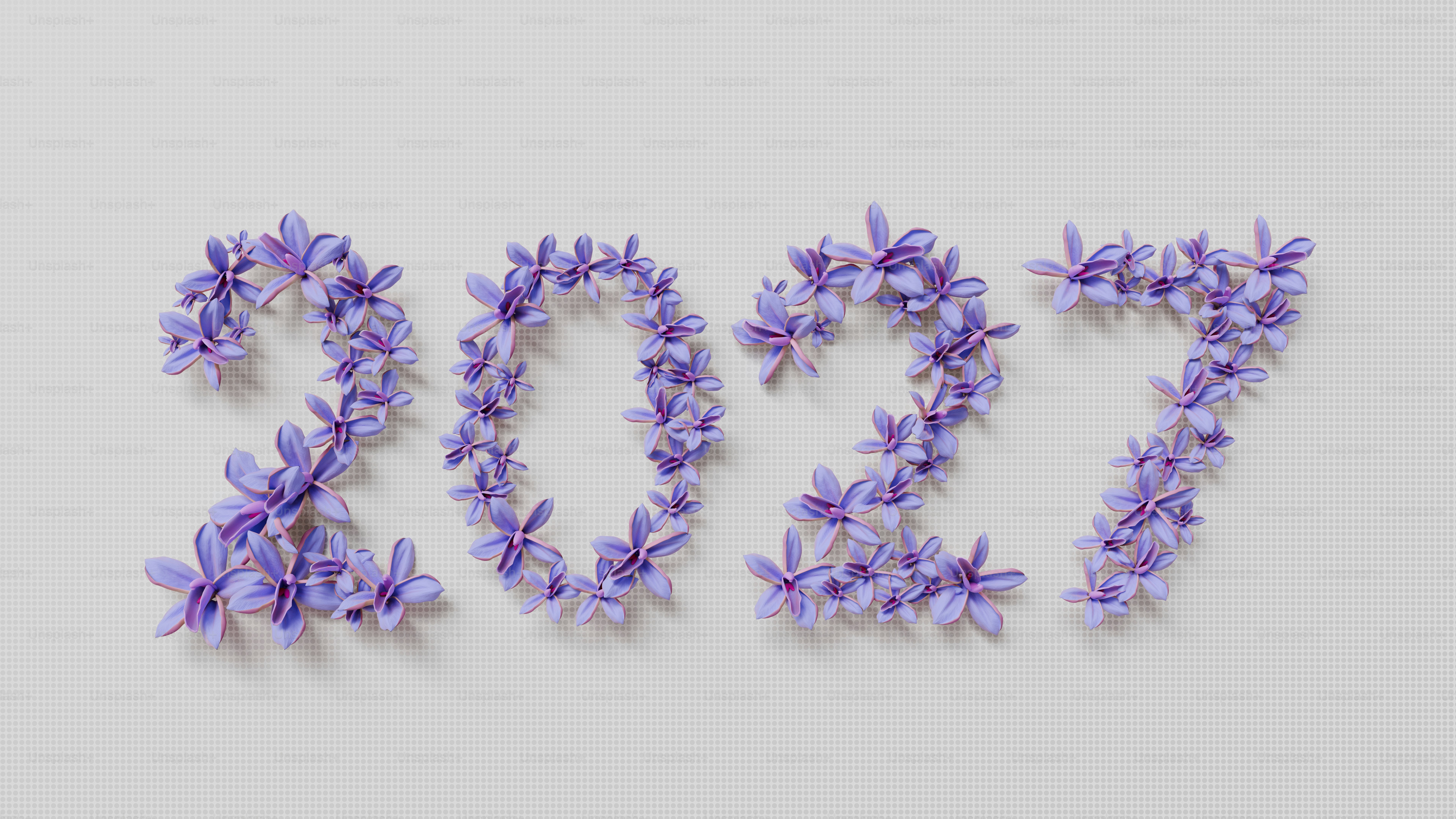 Il numero 2027 è formato da piccoli fiori viola su uno sfondo a texture chiara