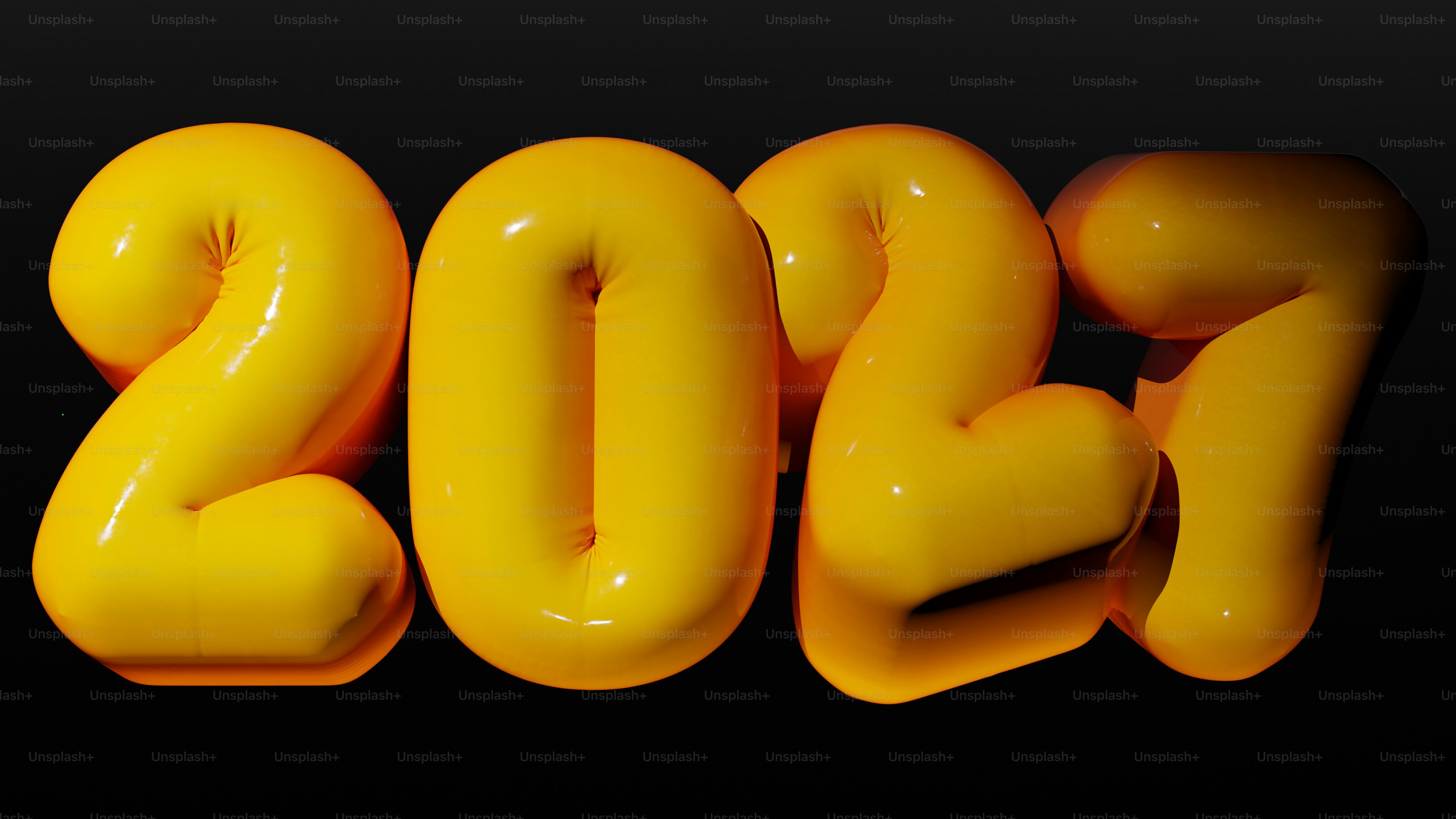 Inflated yellow 3D numbers spelling 2027 with glossy surfaces against a dark background