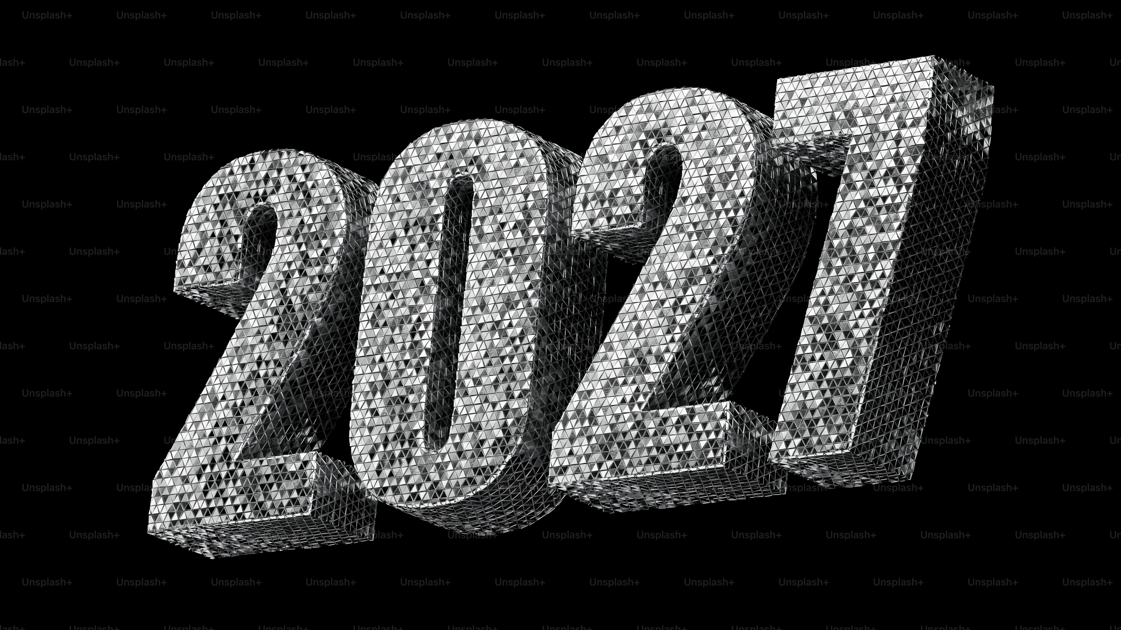 The number 2027 rendered in a metallic geometric pattern against a black background