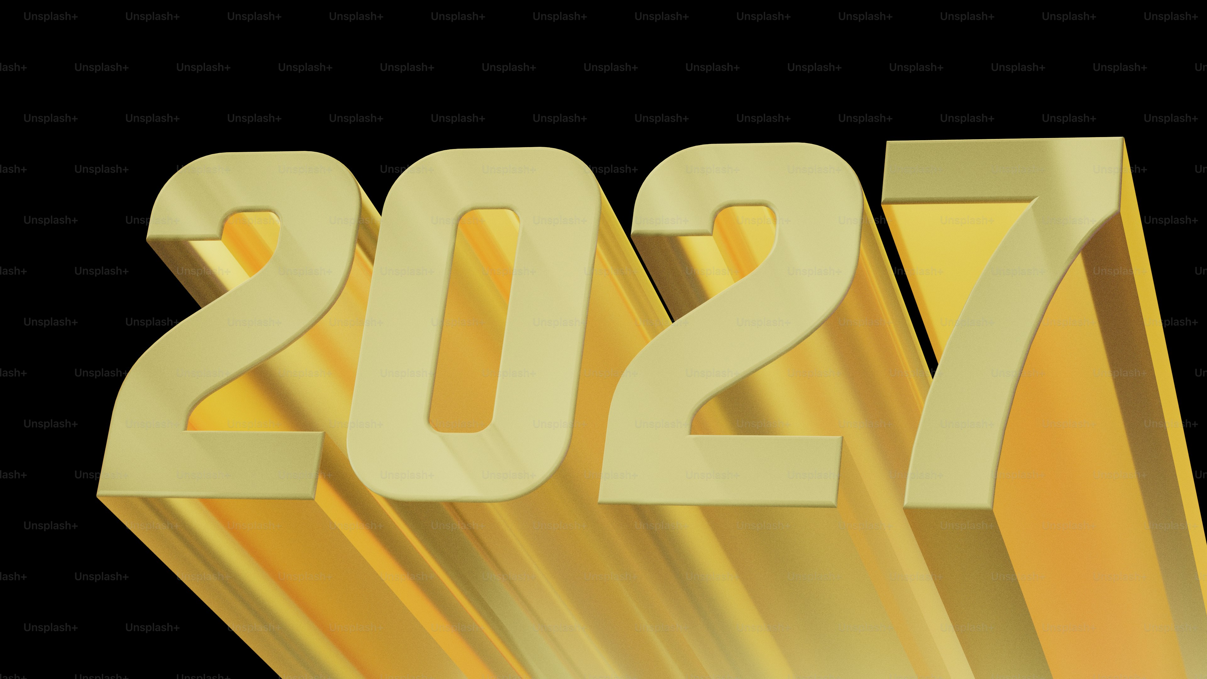 The number 2027 in large three-dimensional gold lettering against a black background