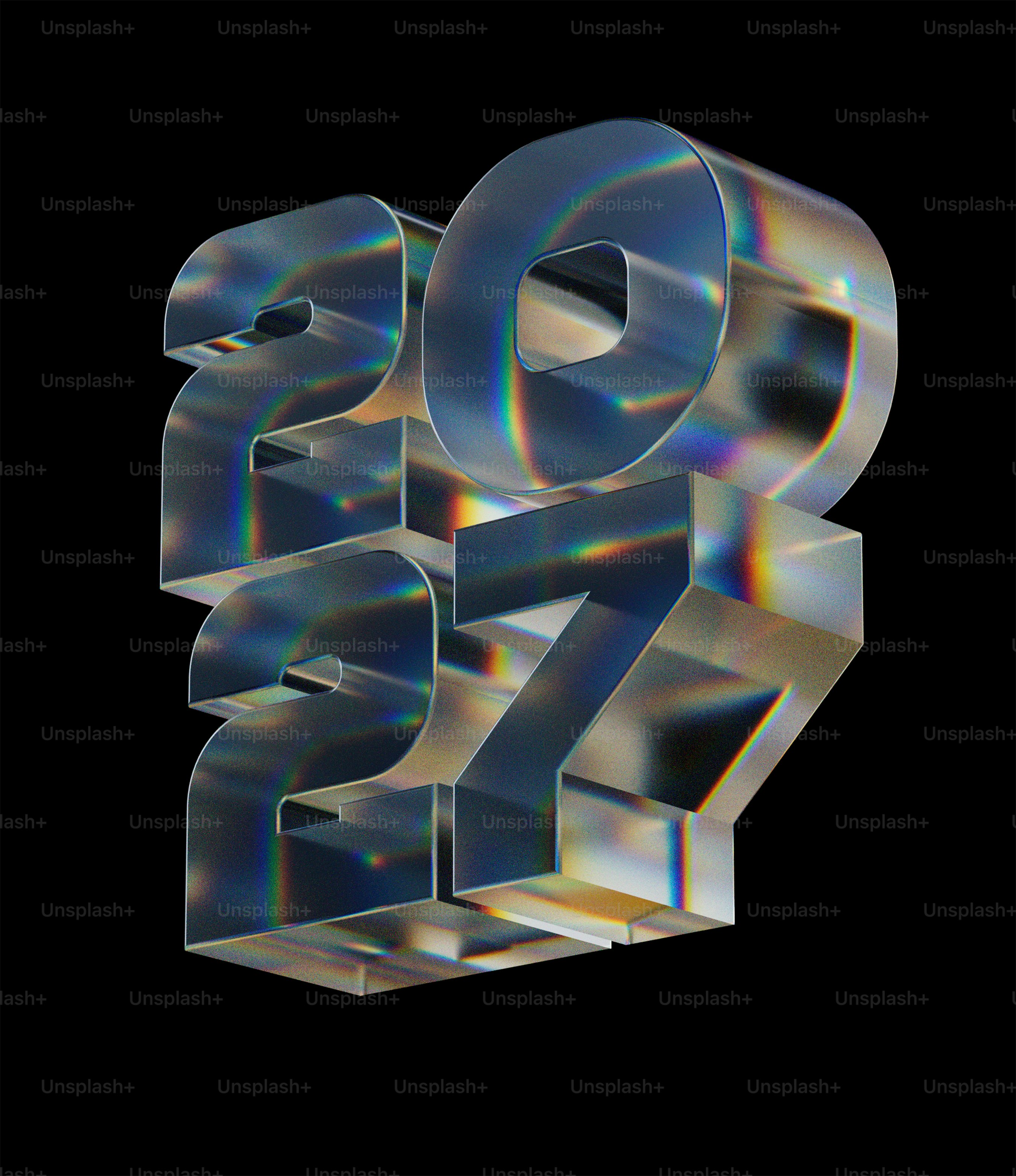 The number 2027 in three-dimensional glass with a prismatic rainbow light effect