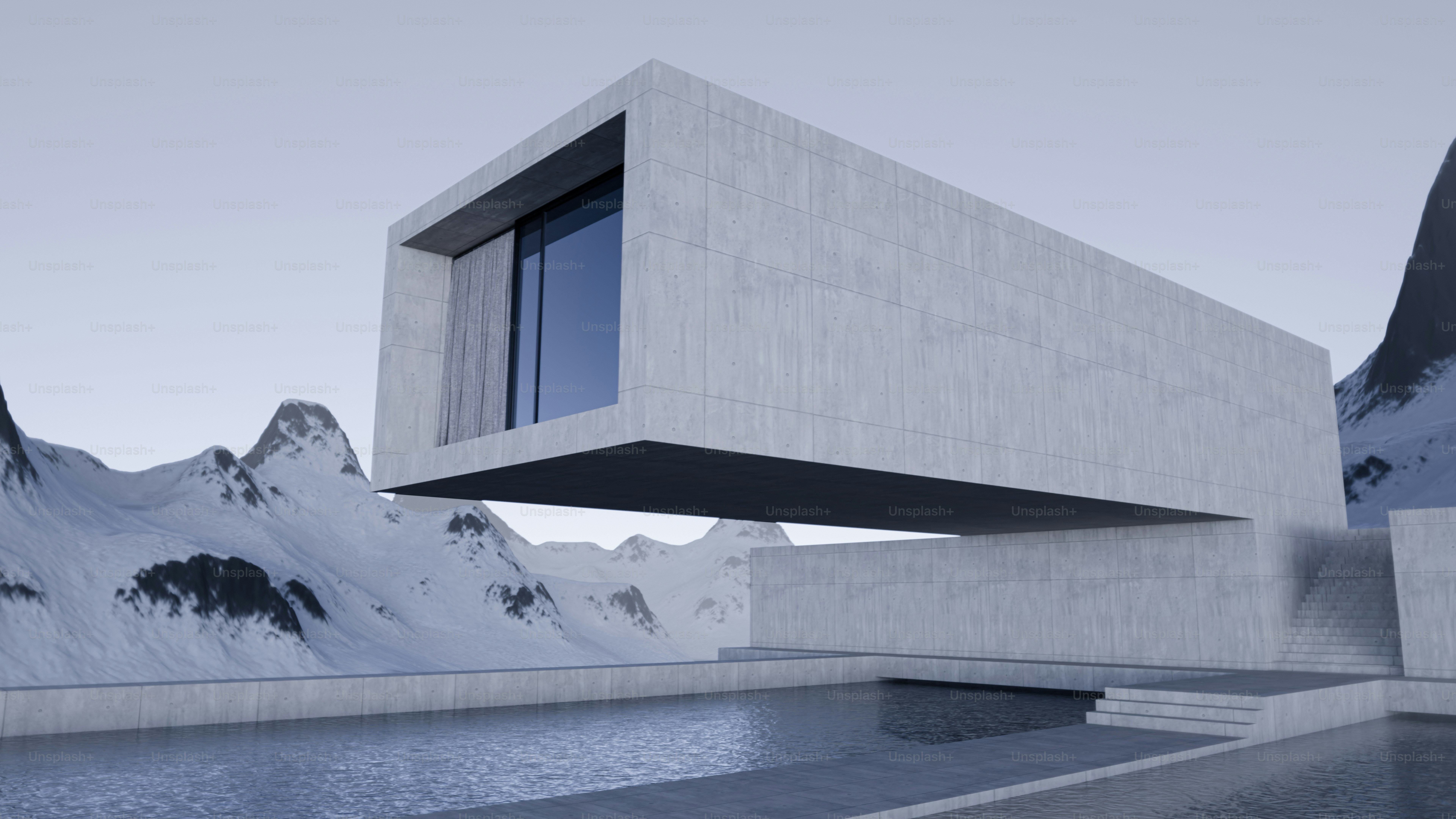 A modern concrete cantilevered house overlooking a snowy mountain range with a pool