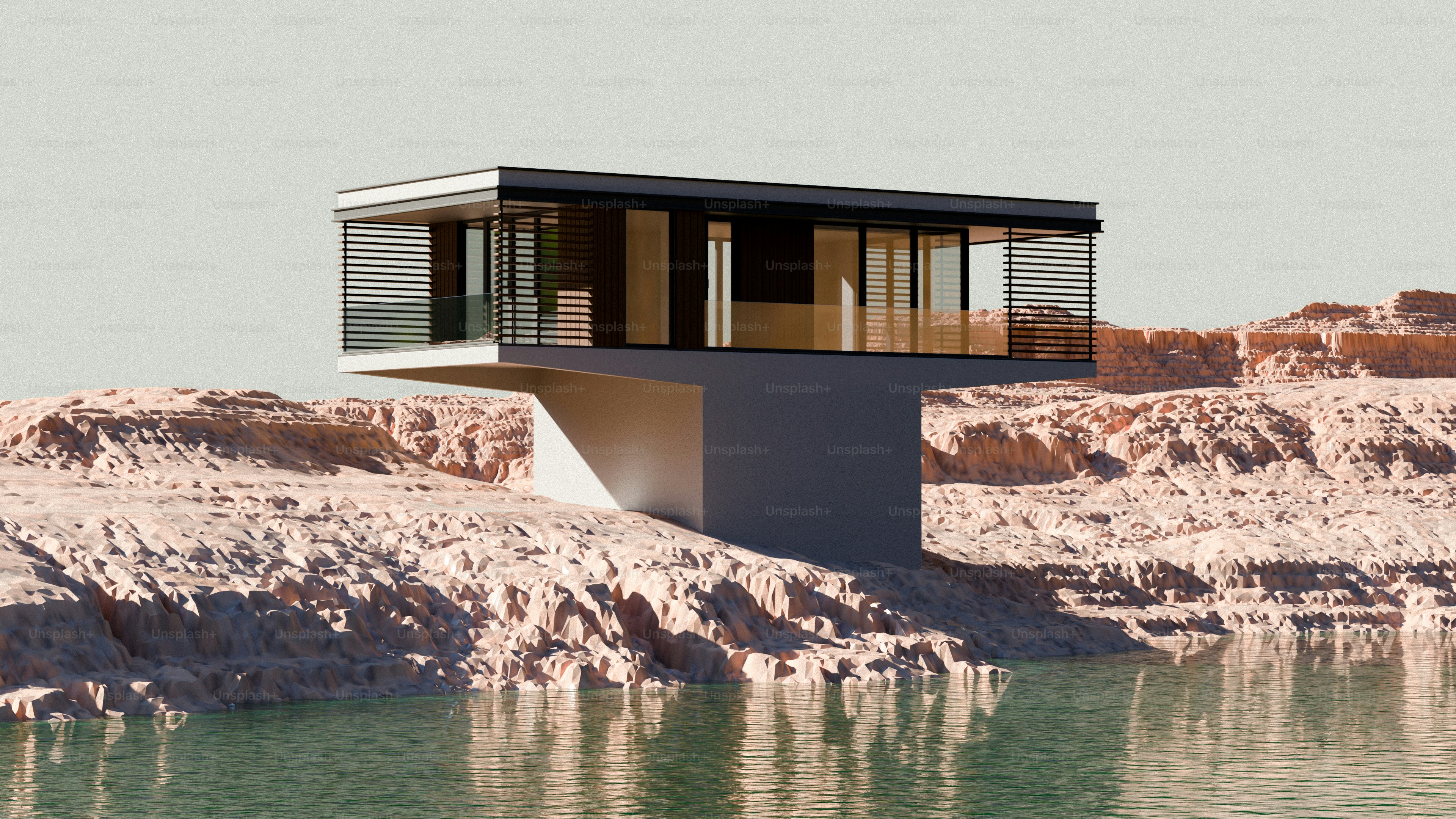 A modern cantilevered house above a rocky shoreline and calm water
