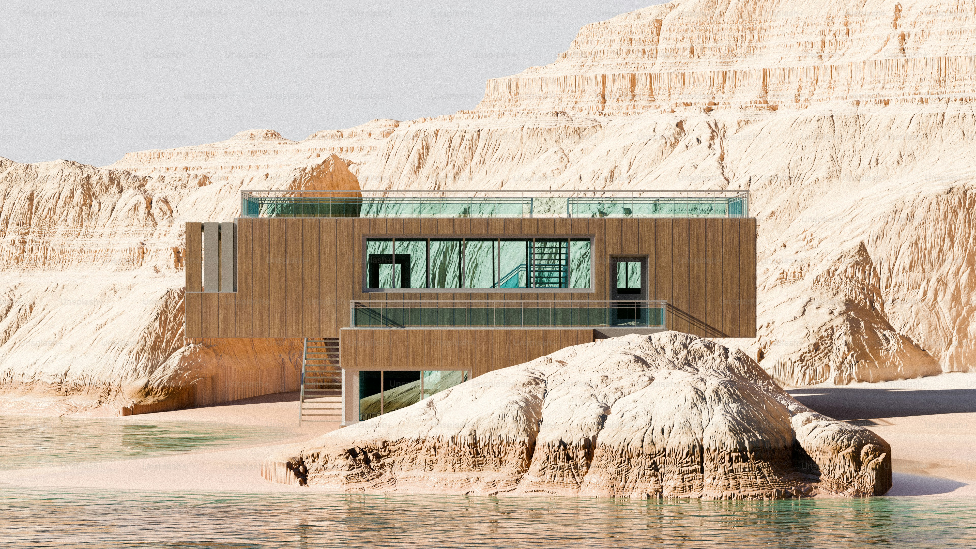 A modern wooden house with glass walls on a sandy beach by cliffs