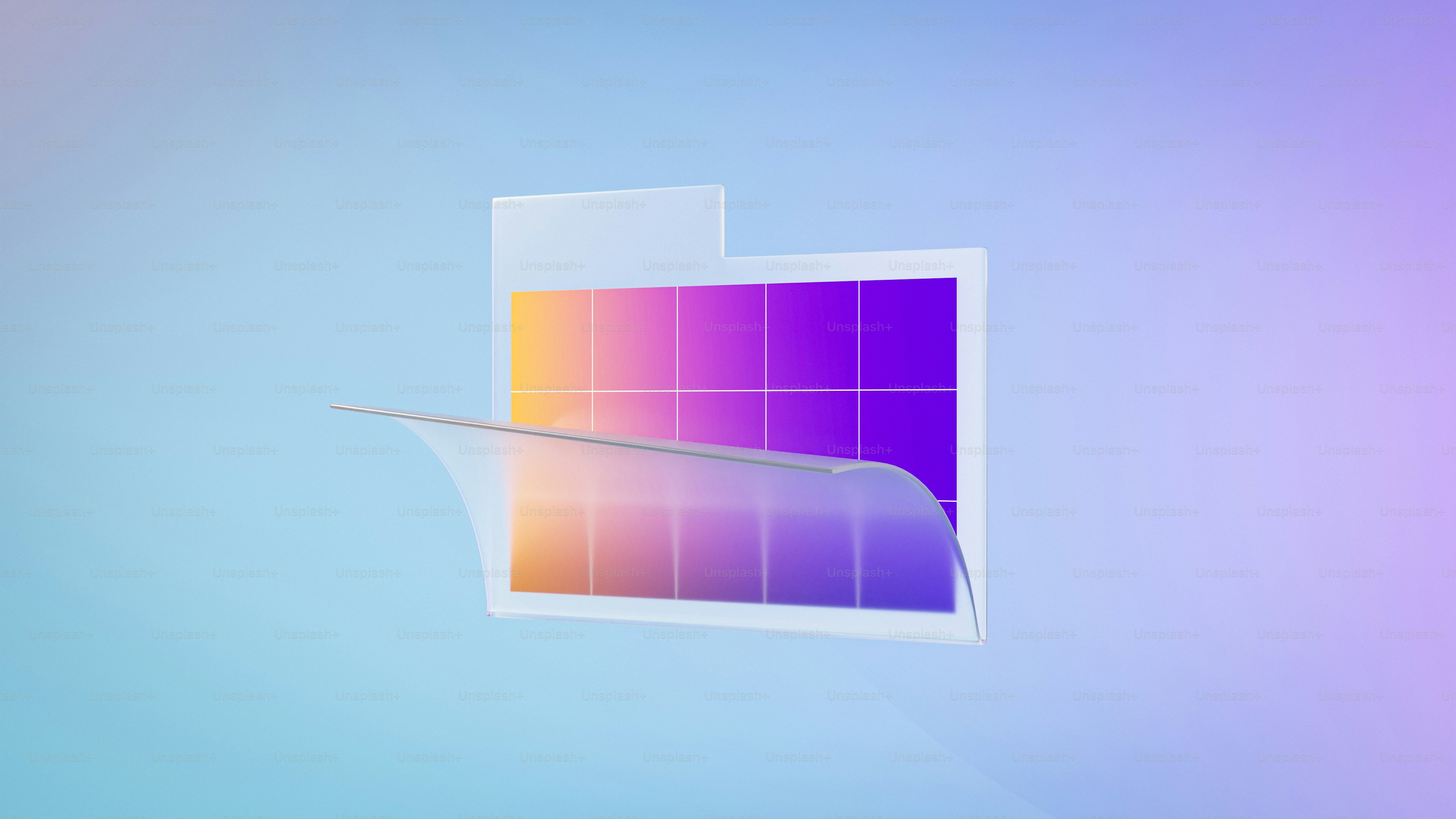 A translucent folder icon with a colorful grid against a soft blue background