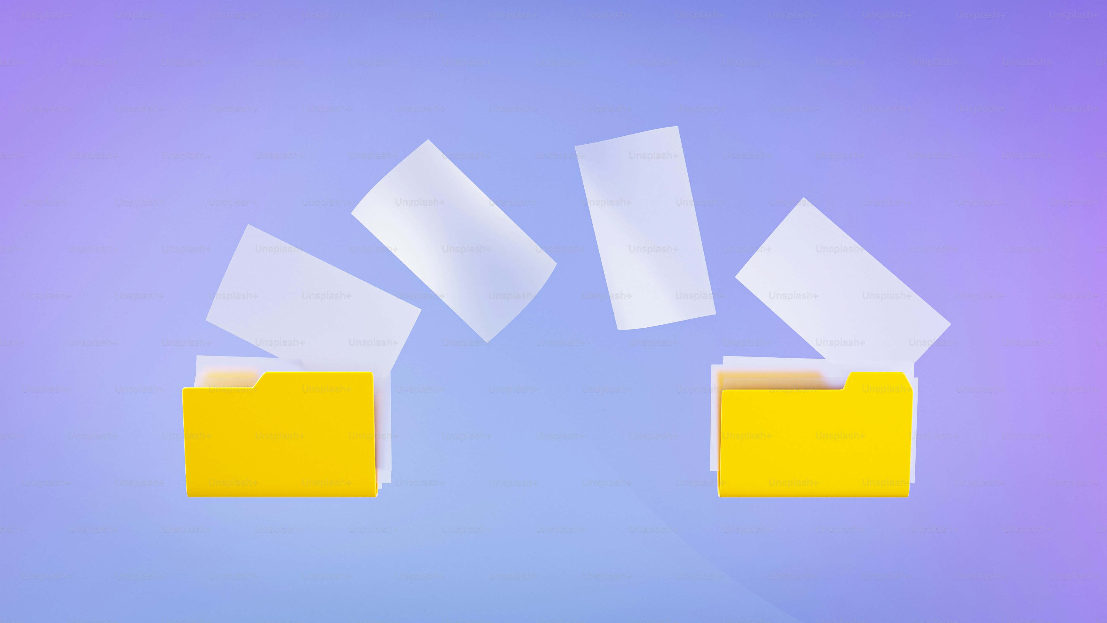 Two yellow folders with white papers floating against a soft purple background