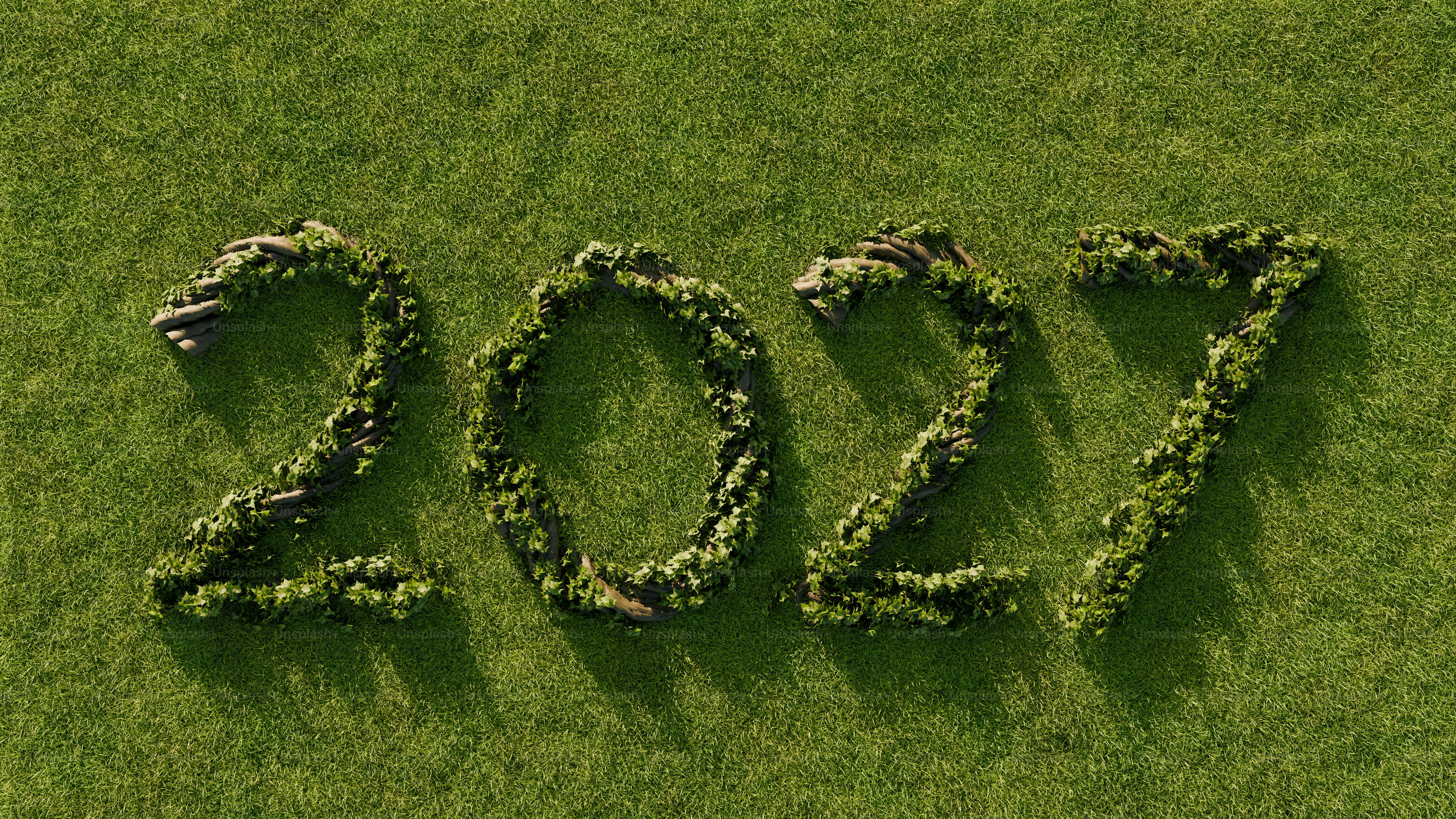 Die Zahl 2027 besteht aus verdrehten Ästen und grünen Blättern auf dem Gras