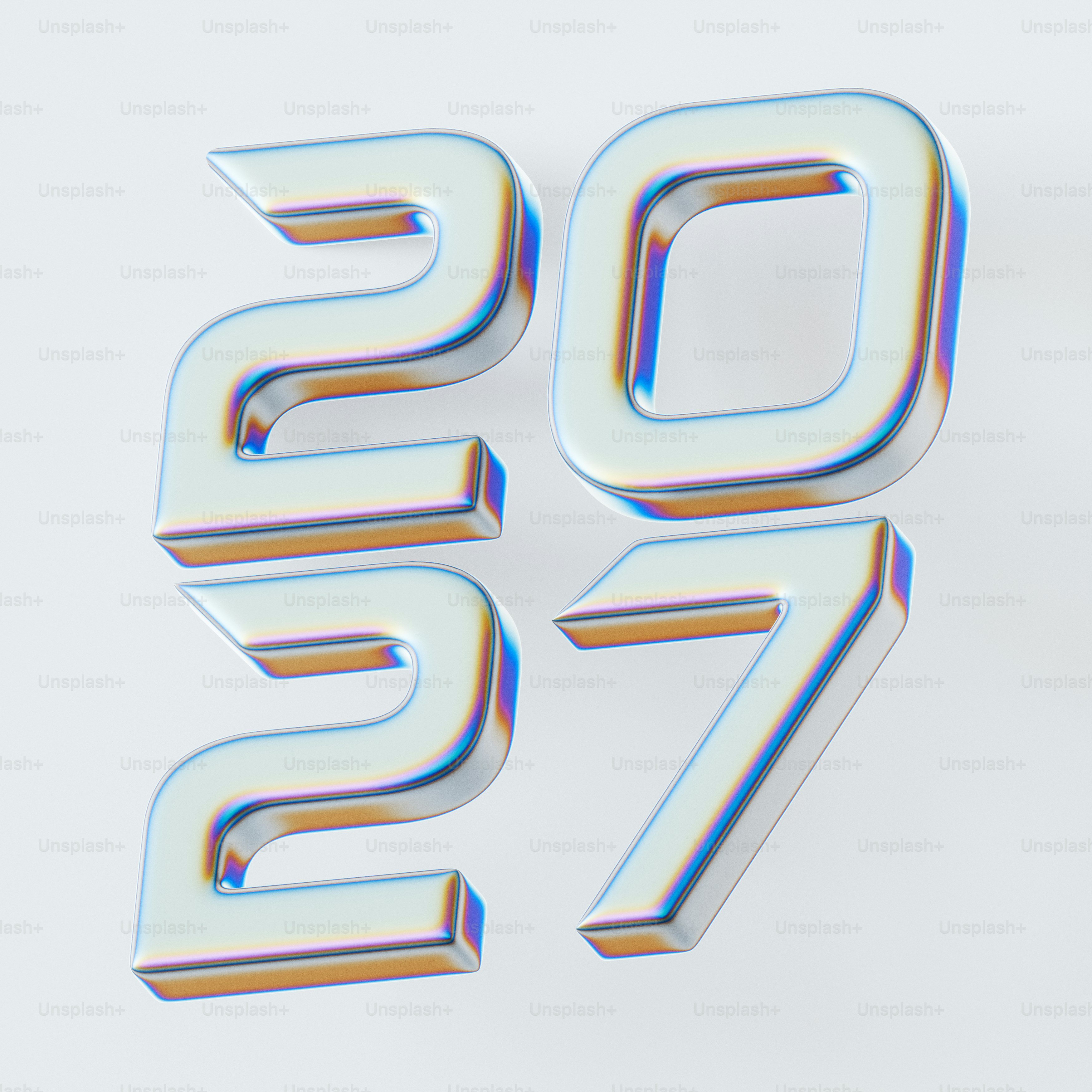 The numbers 2027 in a metallic font with iridescent rainbow edges on white